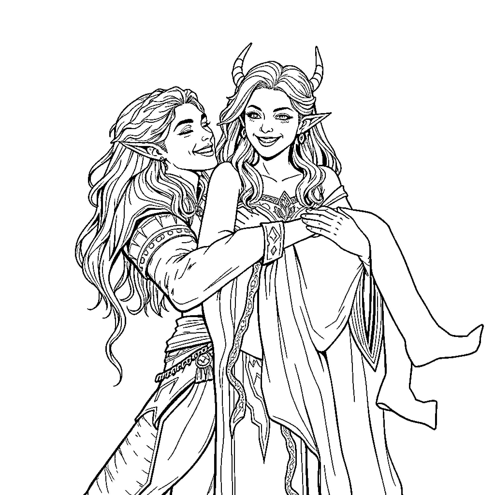Dragonborn sisters in fantasy attire embrace Coloring Page (free black-and-white line drawing printable PDF for all, from beginners to advanced learners, including children, teens, adults, and seniors)