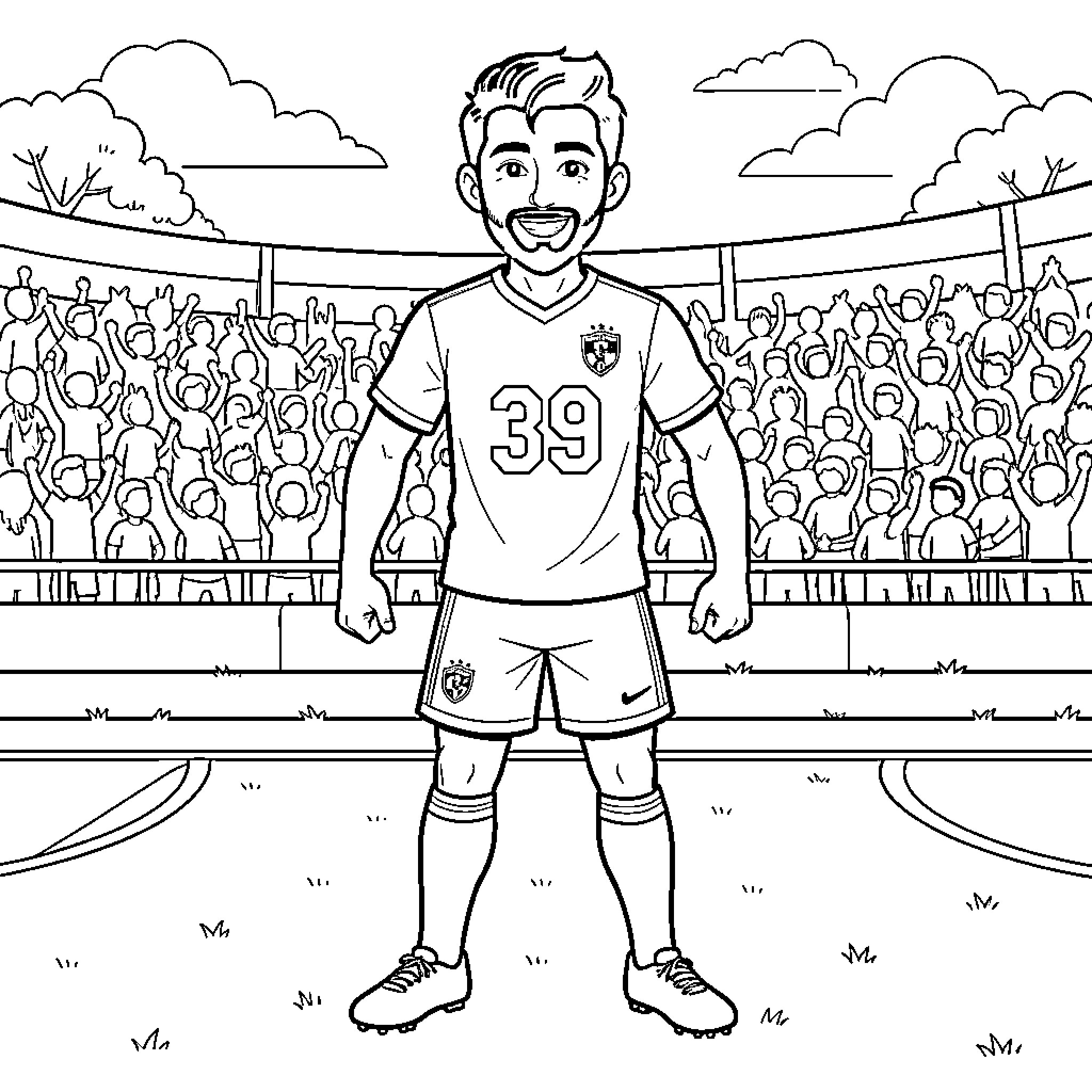 Hector Fort Celebrates Soccer Victory on Field Coloring Page (free black-and-white line drawing printable PDF for all, from beginners to advanced learners, including children, teens, adults, and seniors)