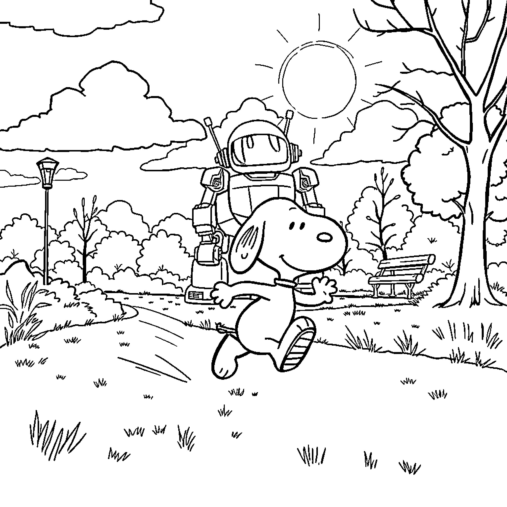 Snoopy's Outdoor Adventure Coloring Page (free black-and-white line drawing printable PDF for all, from beginners to advanced learners, including children, teens, adults, and seniors)
