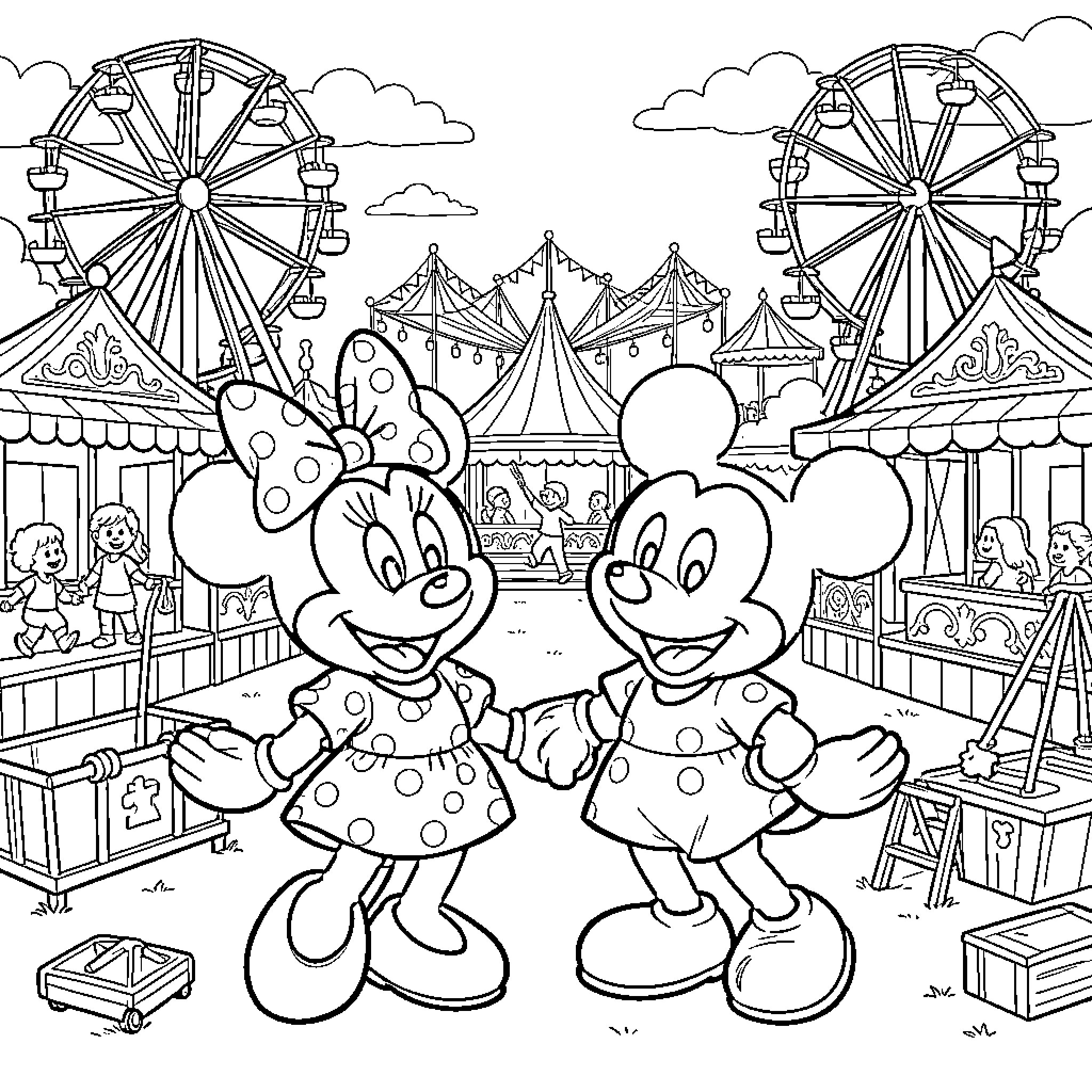 Minnie and Mickey enjoying carnival rides and attractions Coloring Page (free black-and-white line drawing printable PDF for all, from beginners to advanced learners, including children, teens, adults, and seniors)