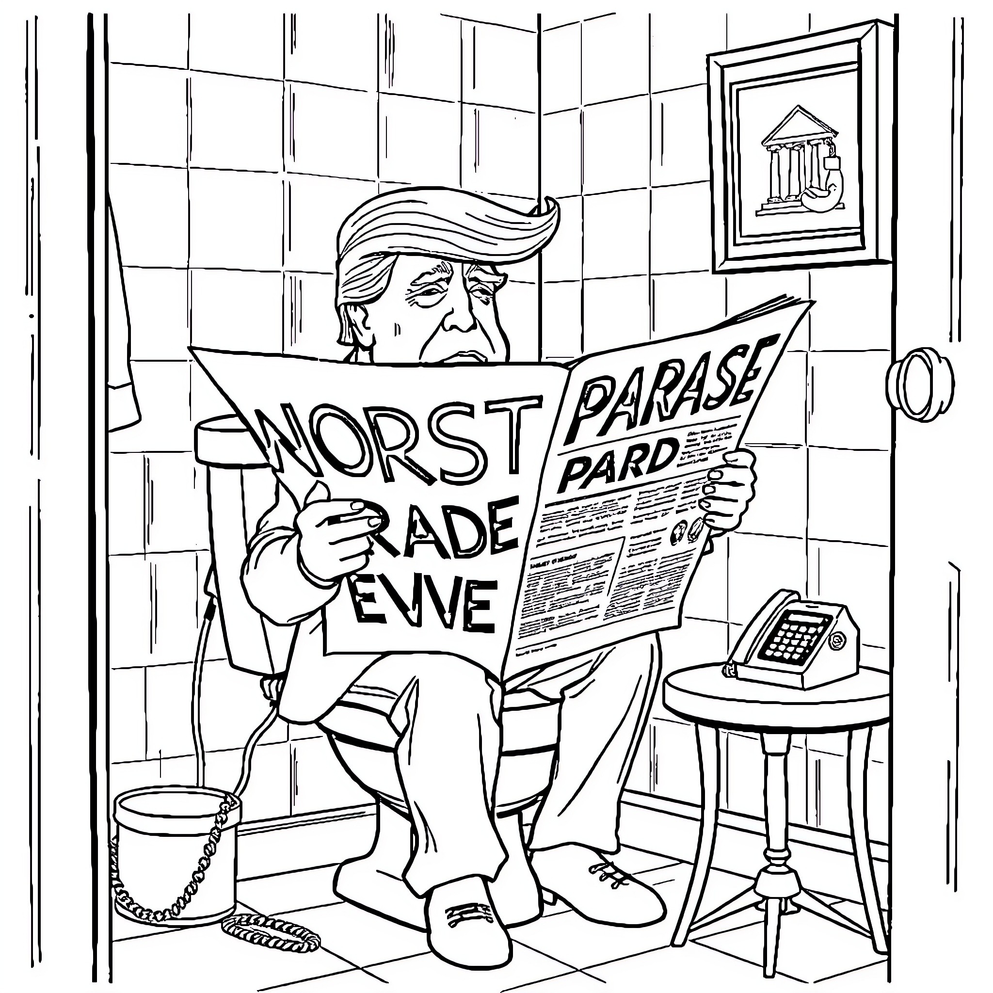Donald Trump reading a newspaper in an office Coloring Page (free black-and-white line drawing printable PDF for all, from beginners to advanced learners, including children, teens, adults, and seniors)