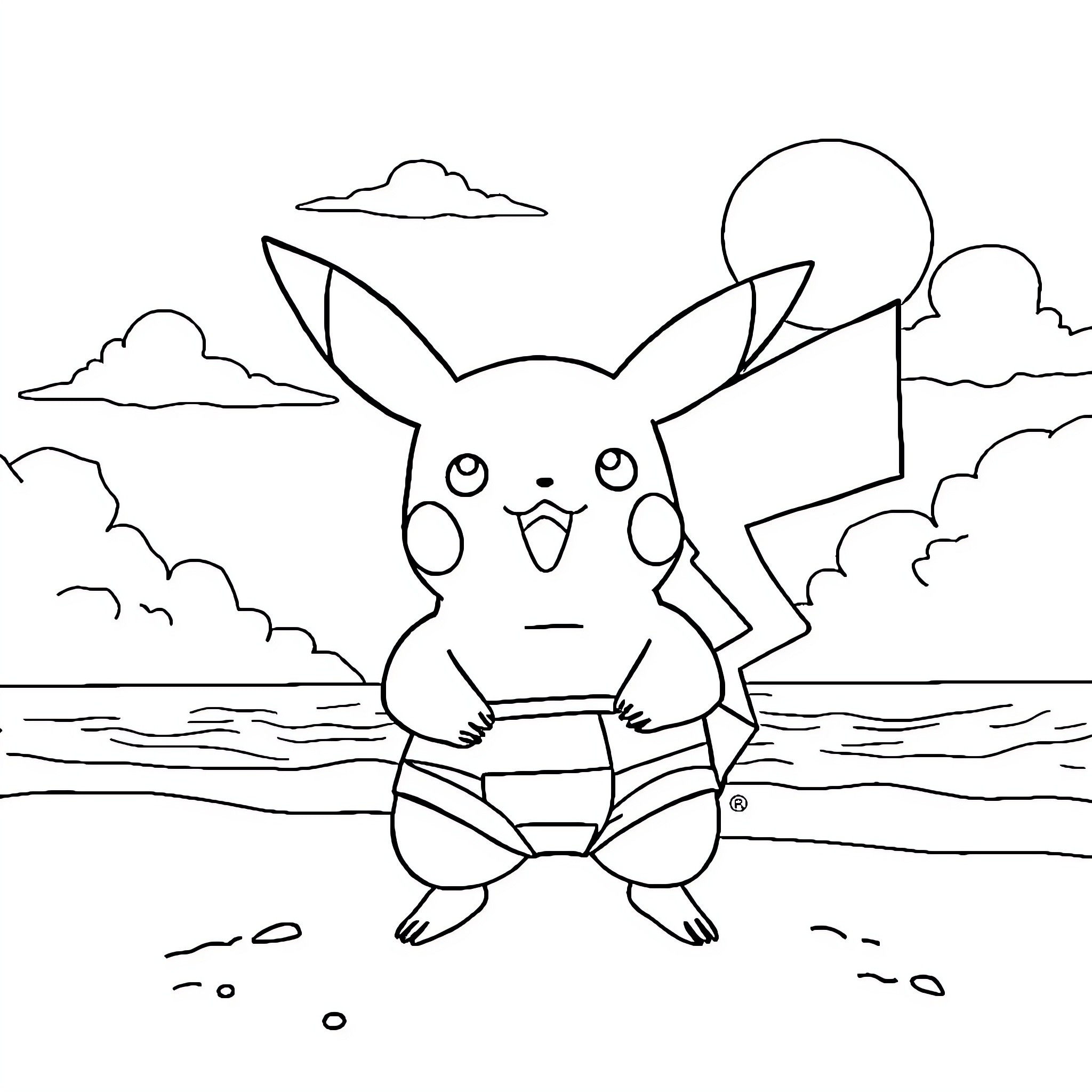 Pikachu enjoying a day at the beach Coloring Page (free black-and-white line drawing printable PDF for all, from beginners to advanced learners, including children, teens, adults, and seniors)