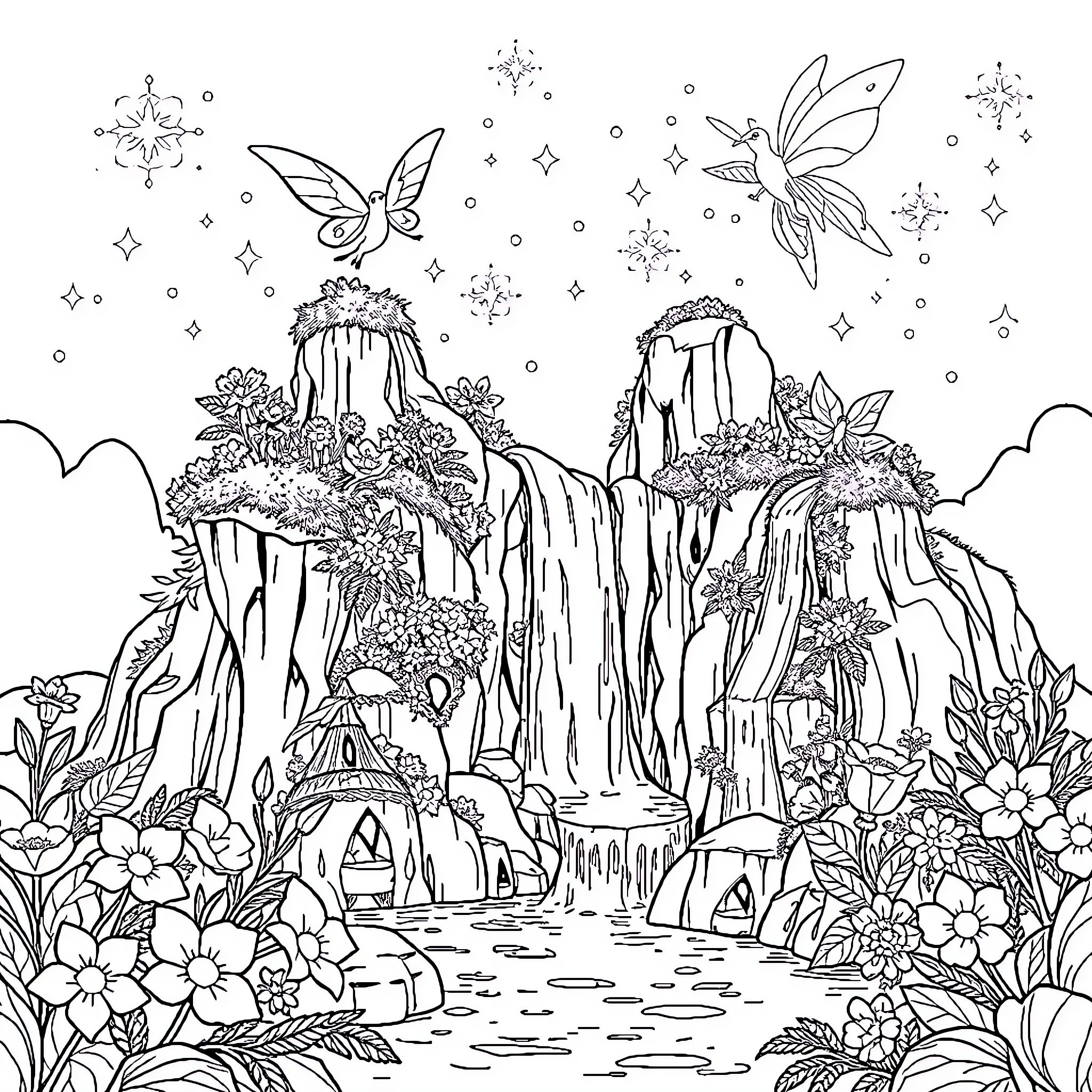 Fairy Wonderland with Flowing Waterfalls and Enchanting Creatures Coloring Page (free black-and-white line drawing printable PDF for all, from beginners to advanced learners, including children, teens, adults, and seniors)