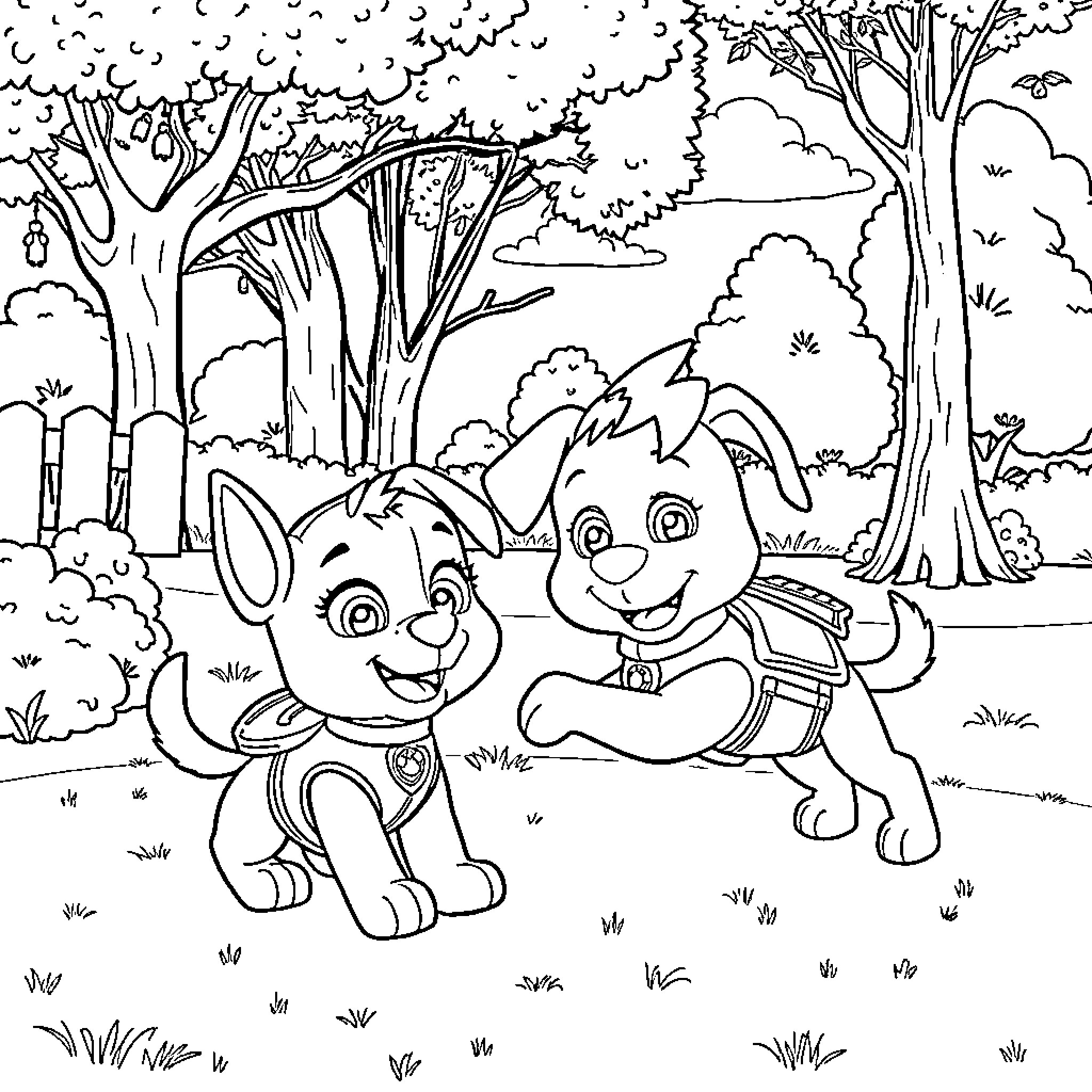 Skye and Rubble playing in the forest Coloring Page (free black-and-white line drawing printable PDF for all, from beginners to advanced learners, including children, teens, adults, and seniors)