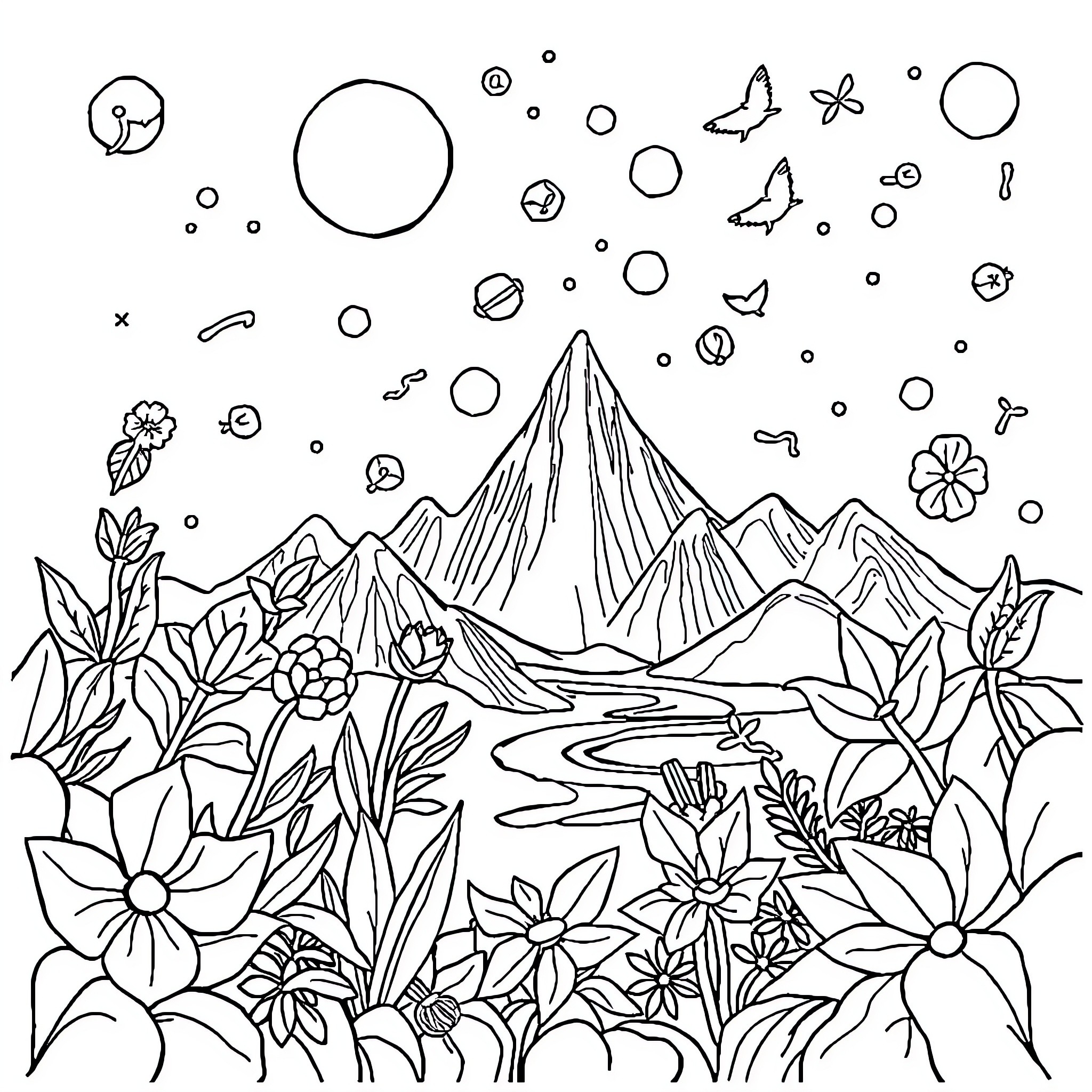 Anything vibrant and whimsical in nature Coloring Page (free black-and-white line drawing printable PDF for all, from beginners to advanced learners, including children, teens, adults, and seniors)