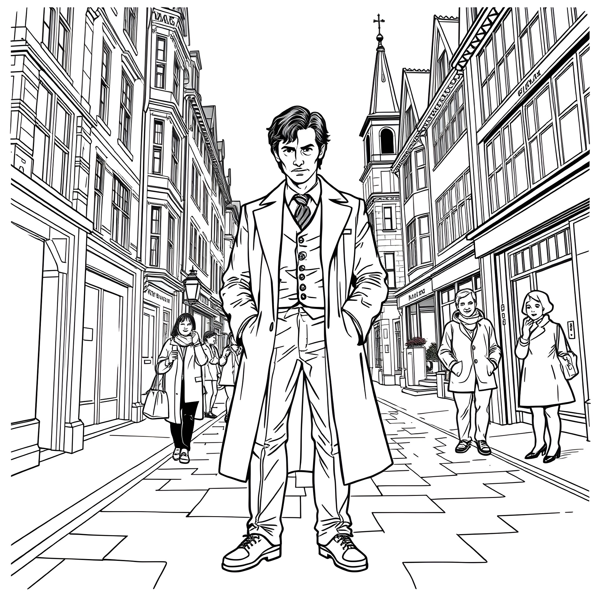 Doctor Who in a bustling urban street Coloring Page (free black-and-white line drawing printable PDF for all, from beginners to advanced learners, including children, teens, adults, and seniors)