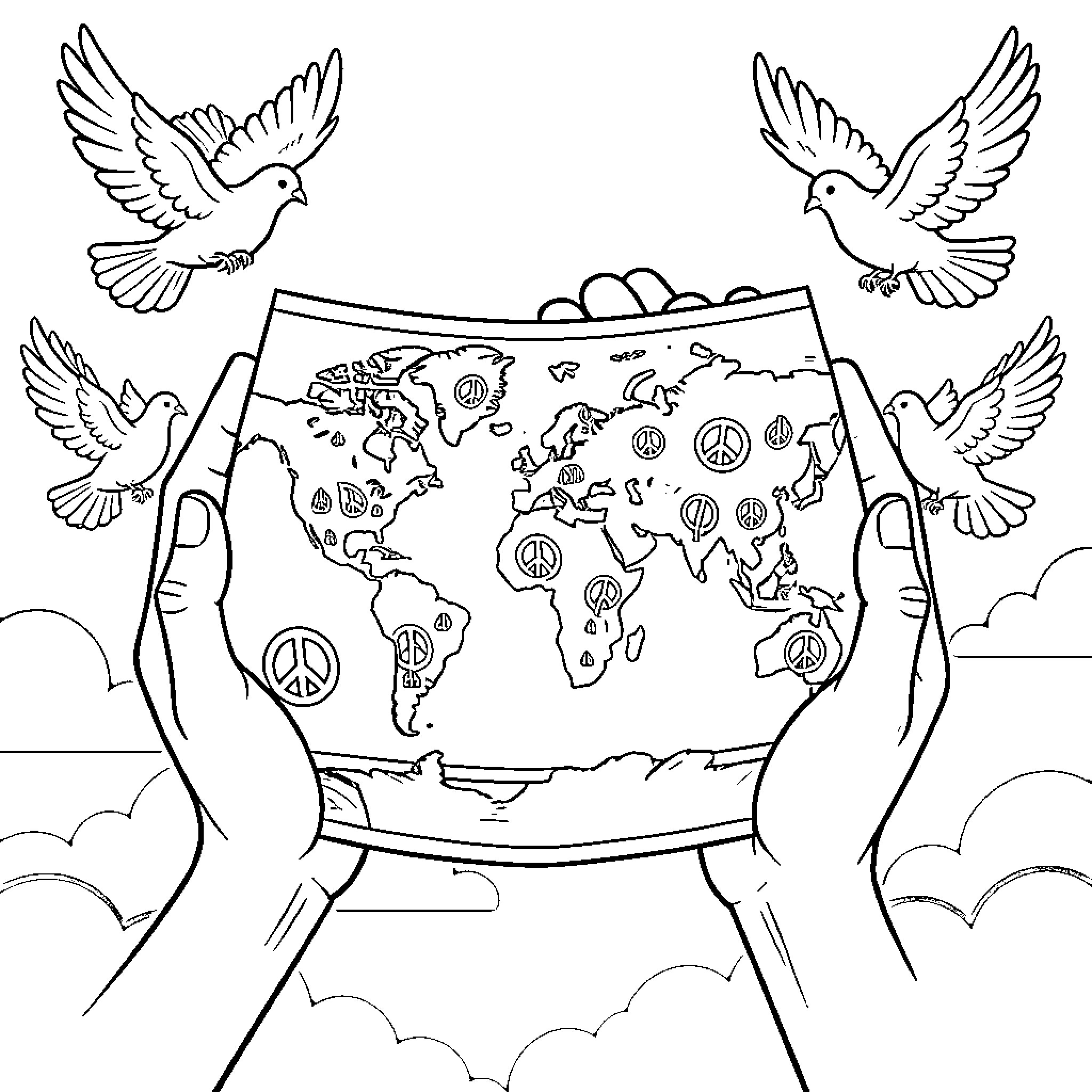 Hand Drawing World Map with Doves Coloring Page (free black-and-white line drawing printable PDF for all, from beginners to advanced learners, including children, teens, adults, and seniors)