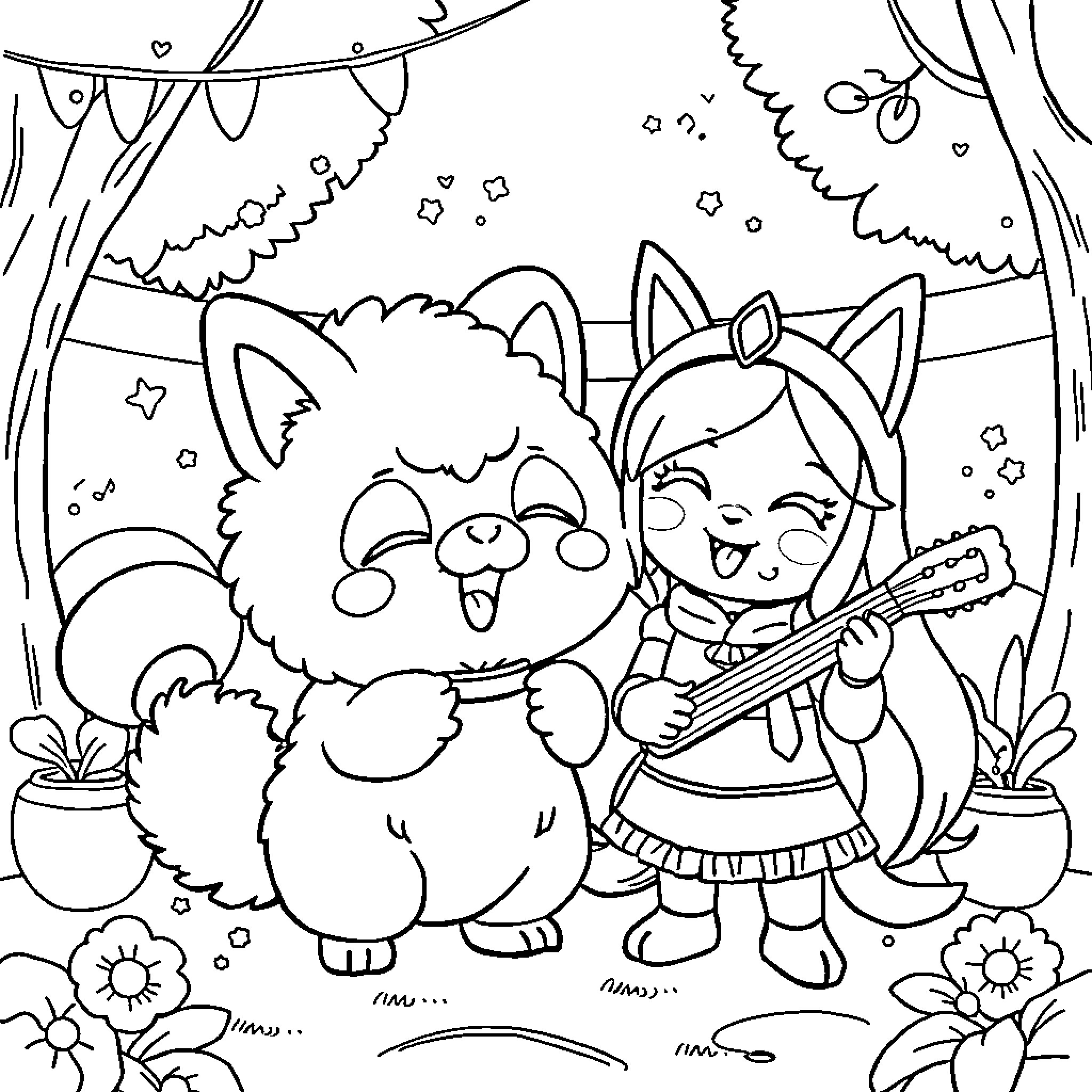 Cinnamoroll enjoying outdoor adventures with friends Coloring Page (free black-and-white line drawing printable PDF for all, from beginners to advanced learners, including children, teens, adults, and seniors)