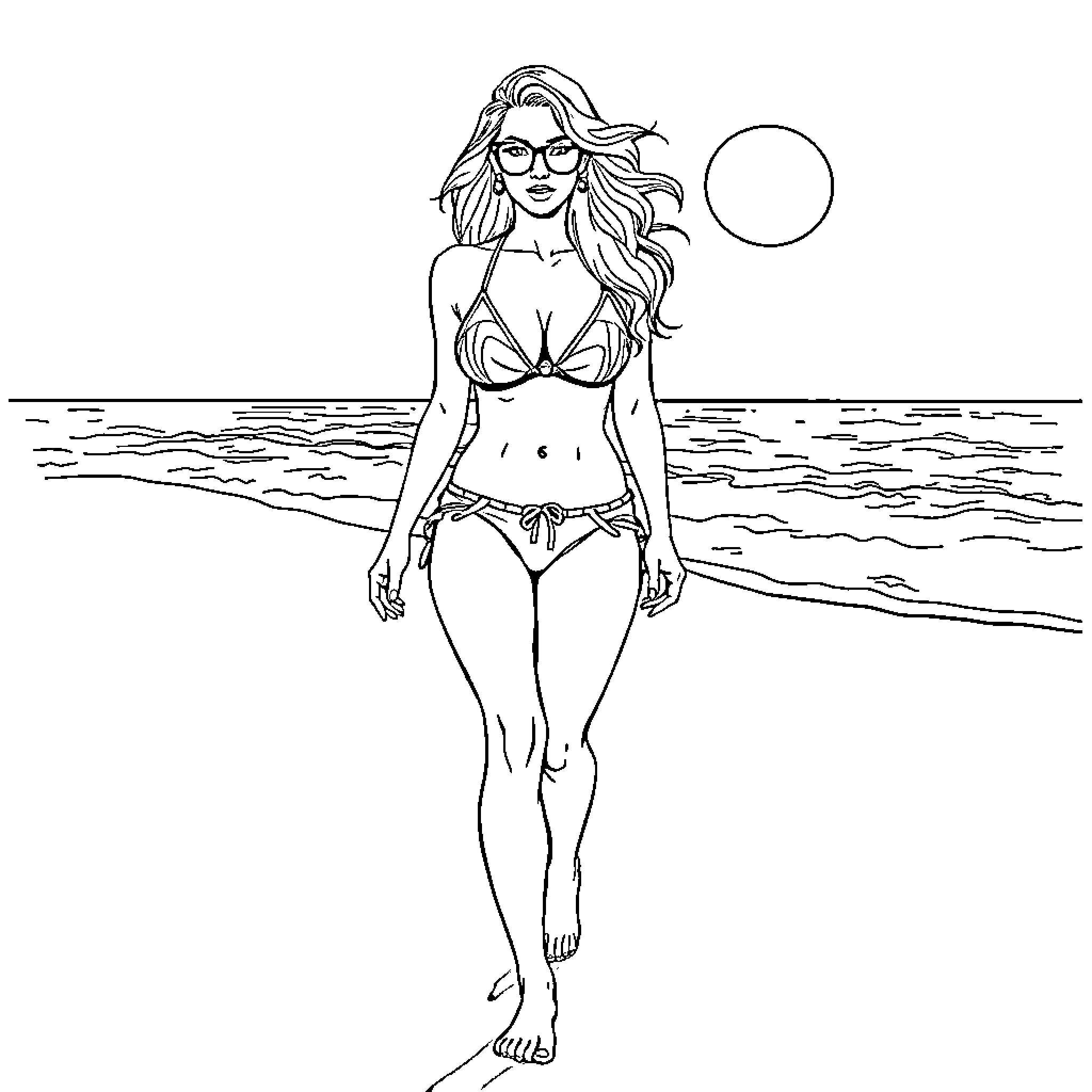 Megan Fox in a bikini on the beach Coloring Page (free black-and-white line drawing printable PDF for all, from beginners to advanced learners, including children, teens, adults, and seniors)