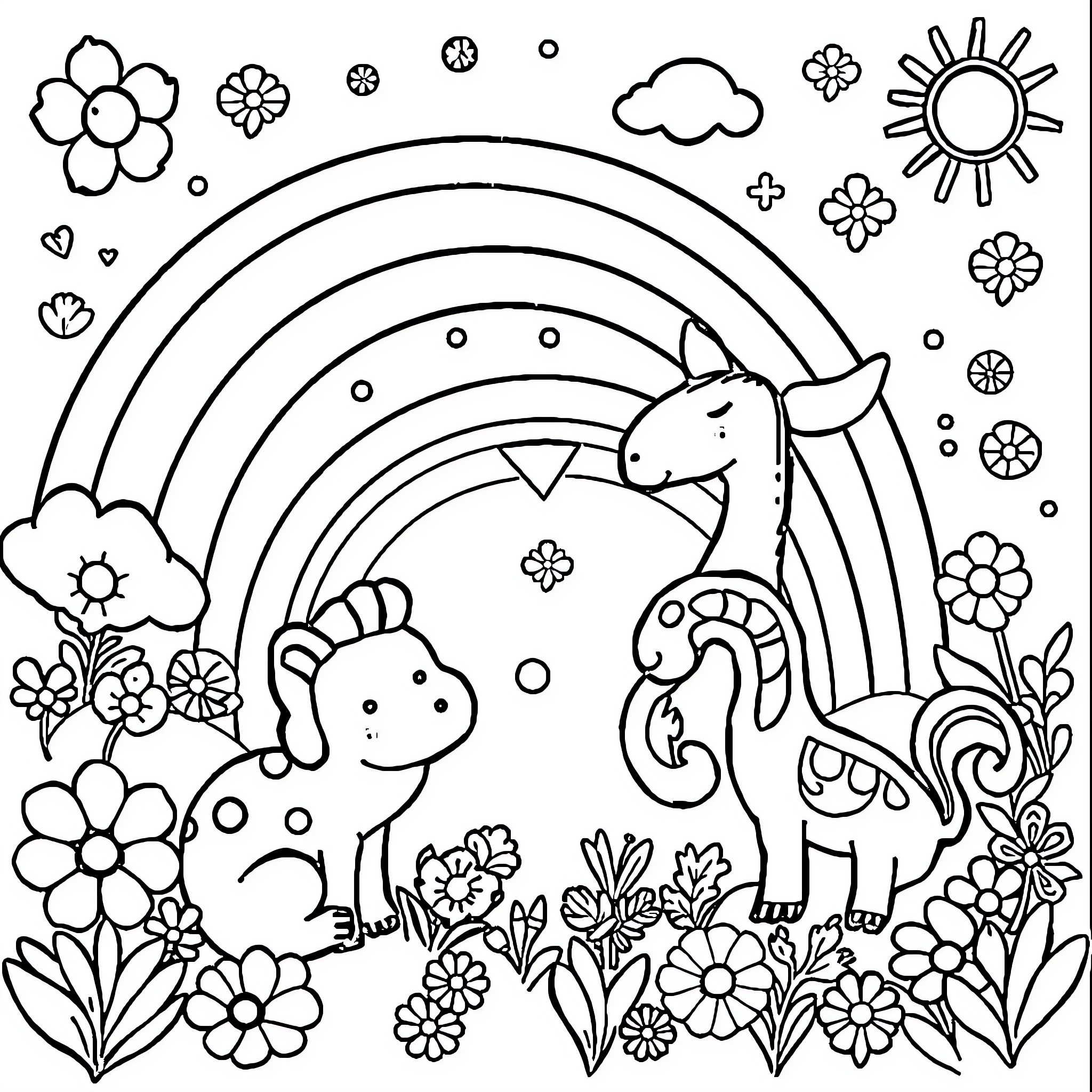 Lisa Frank Magical Unicorns and Flowers Coloring Page (free black-and-white line drawing printable PDF for all, from beginners to advanced learners, including children, teens, adults, and seniors)