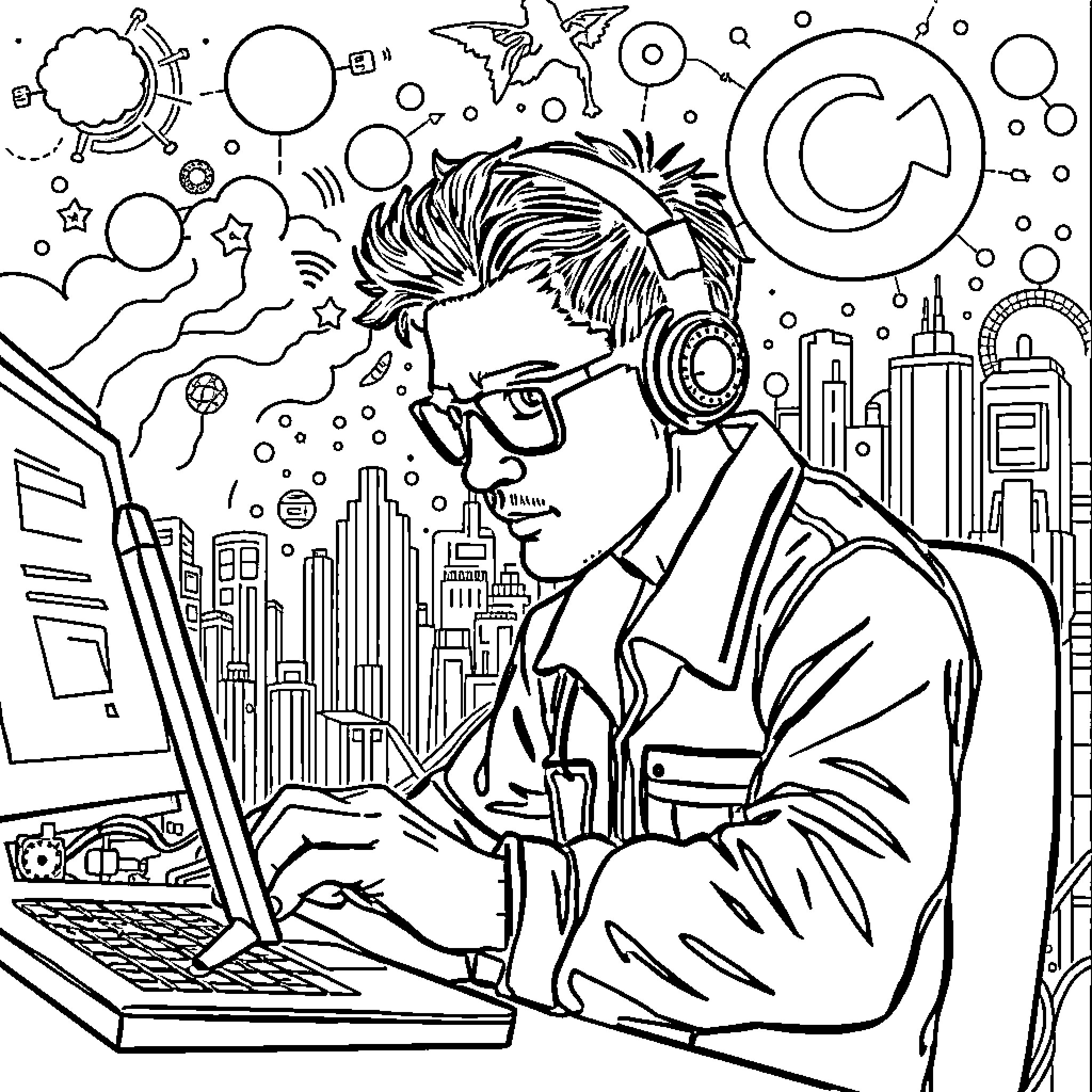 IT Technician Troubleshooting and Repairing Digital Devices Coloring Page (free black-and-white line drawing printable PDF for all, from beginners to advanced learners, including children, teens, adults, and seniors)