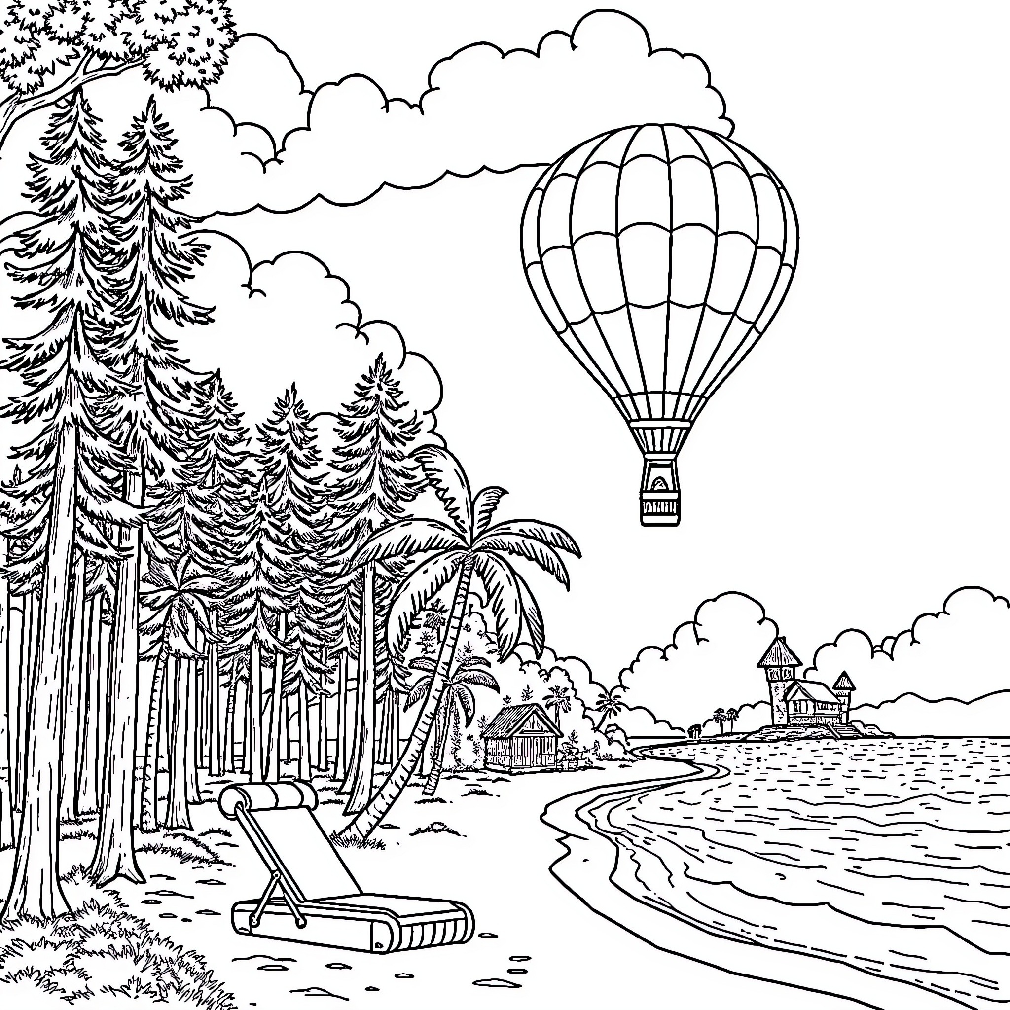 Parachute Soaring Over Tropical Landscape Coloring Page (free black-and-white line drawing printable PDF for all, from beginners to advanced learners, including children, teens, adults, and seniors)