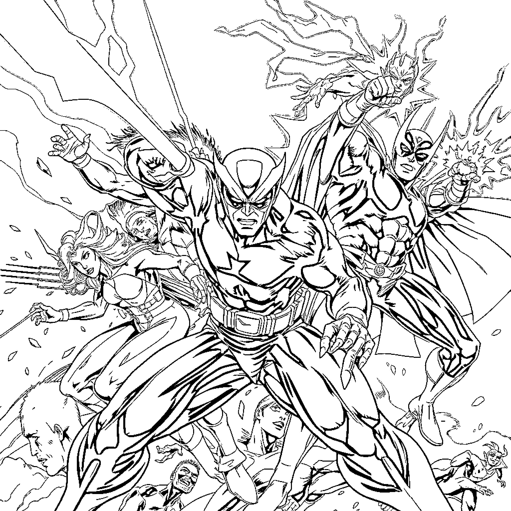 X-Men in Epic Battle Poses Coloring Page (free black-and-white line drawing printable PDF for all, from beginners to advanced learners, including children, teens, adults, and seniors)