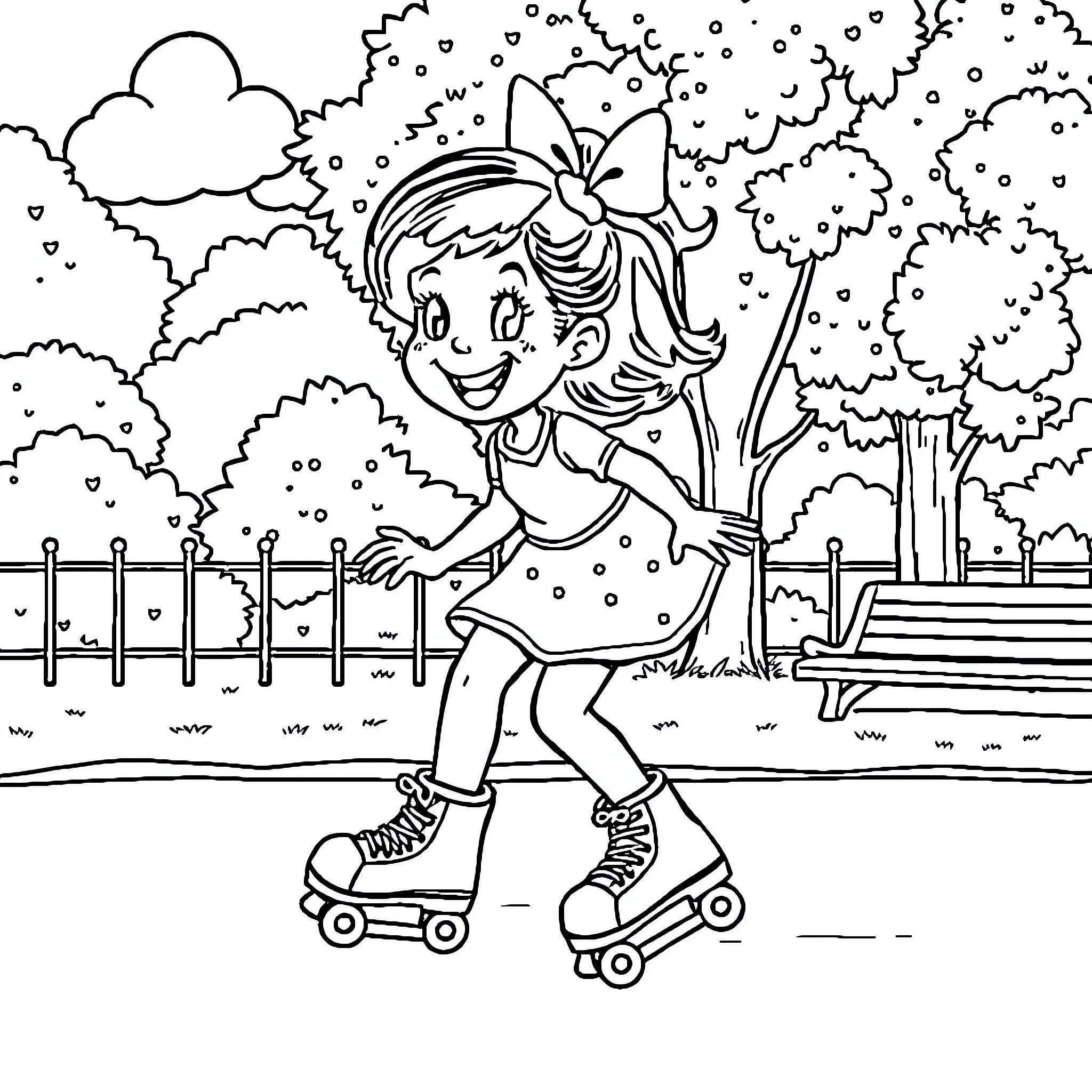 Daysie Playing Happily on Roller Skates in the Park Coloring Page (free black-and-white line drawing printable PDF for all, from beginners to advanced learners, including children, teens, adults, and seniors)