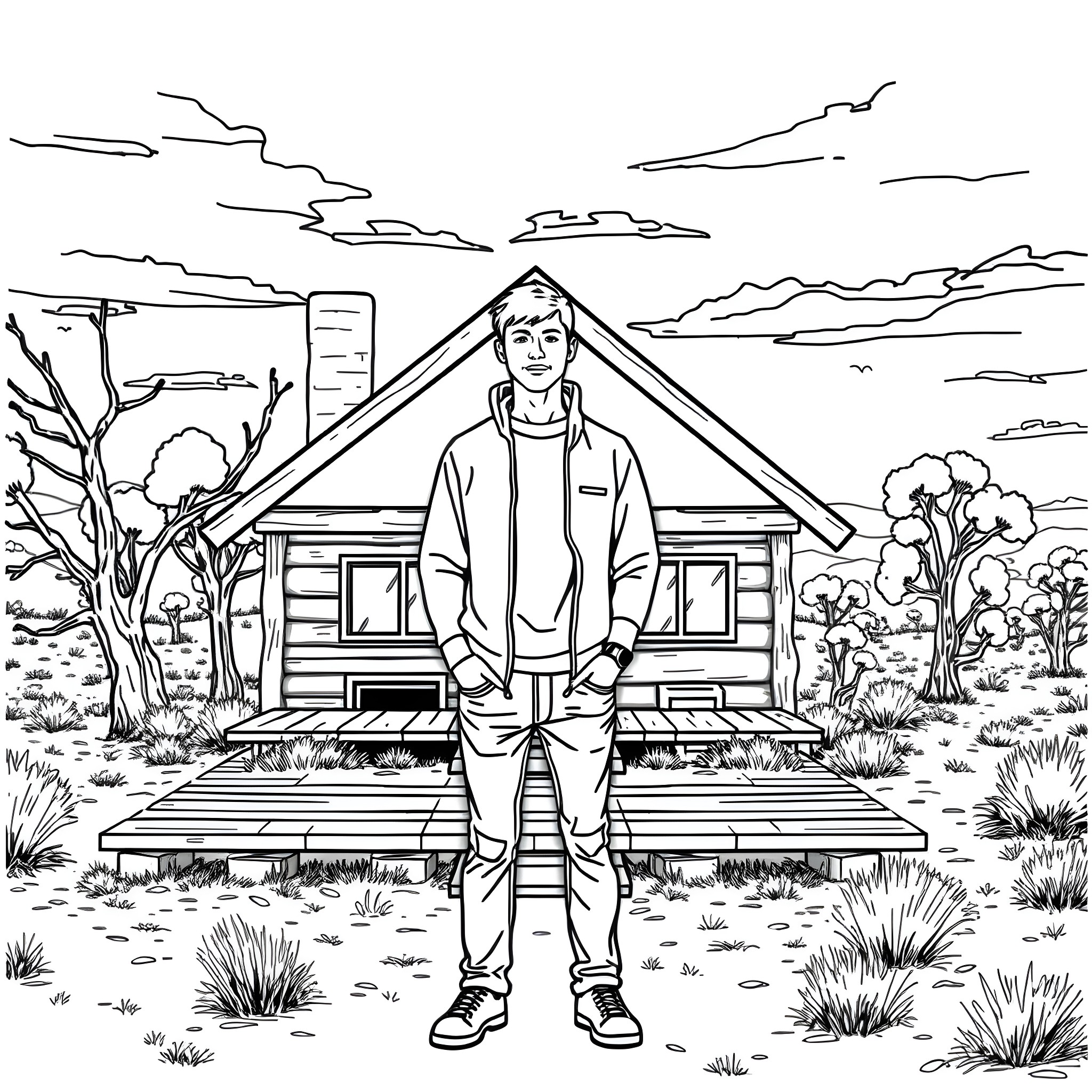 Model standing in front of a cabin in the countryside Coloring Page (free black-and-white line drawing printable PDF for all, from beginners to advanced learners, including children, teens, adults, and seniors)