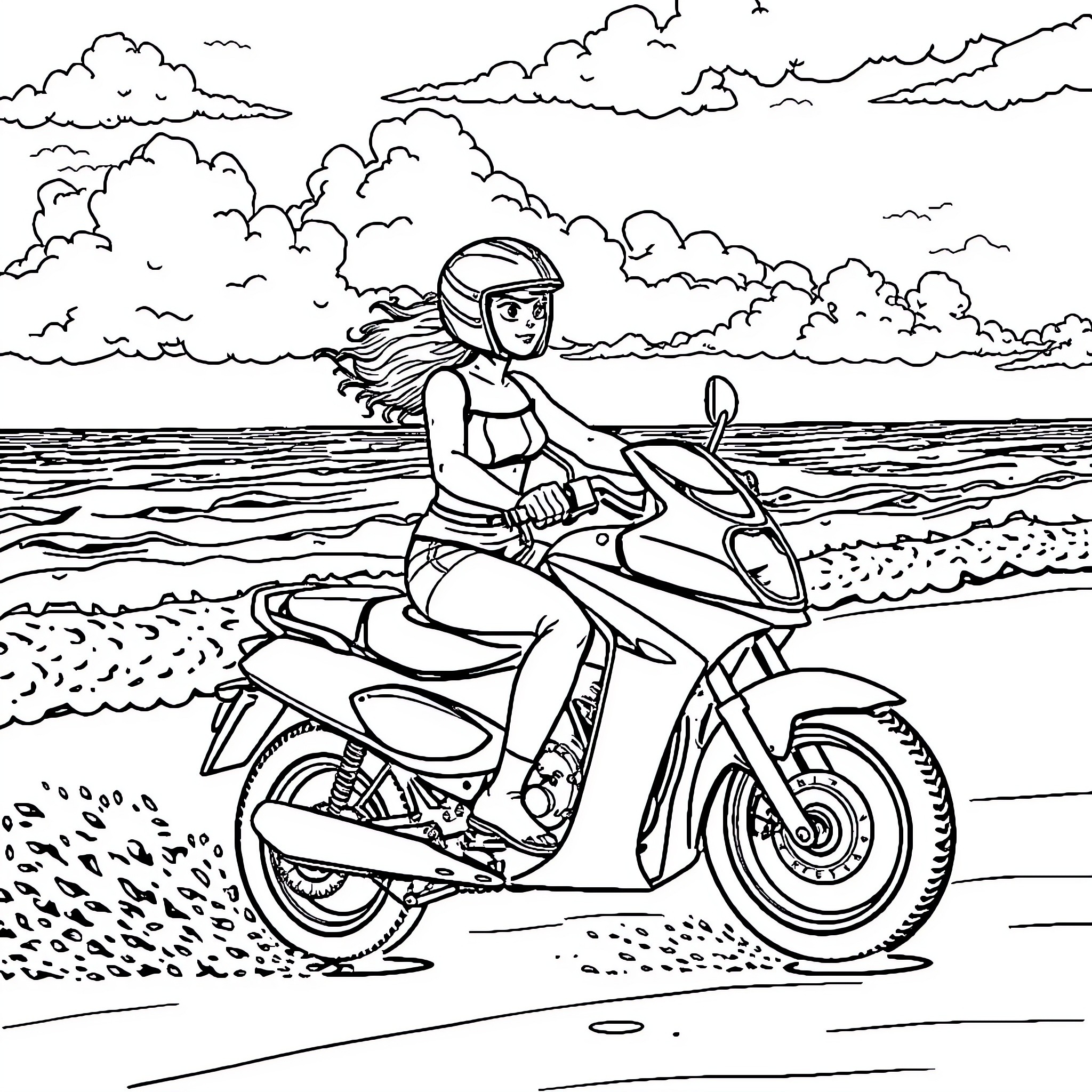 Girl riding motorcycle on beach in cloudy weather Coloring Page (free black-and-white line drawing printable PDF for all, from beginners to advanced learners, including children, teens, adults, and seniors)