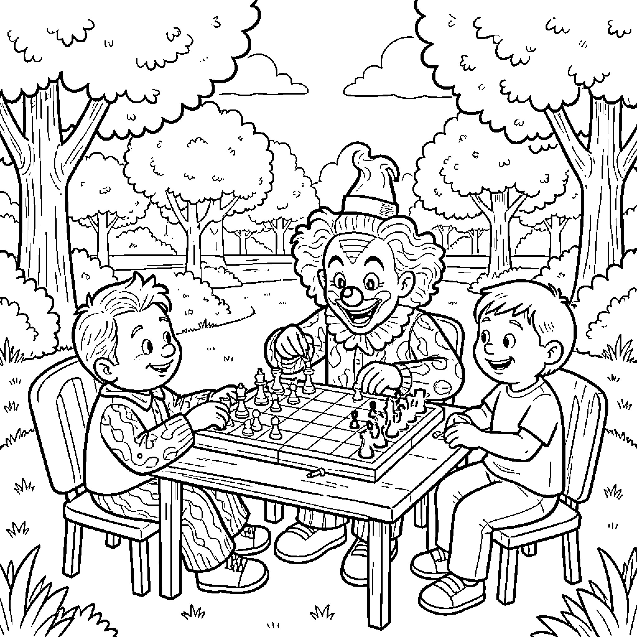 Payaso playing chess with children in the park Coloring Page (free black-and-white line drawing printable PDF for all, from beginners to advanced learners, including children, teens, adults, and seniors)