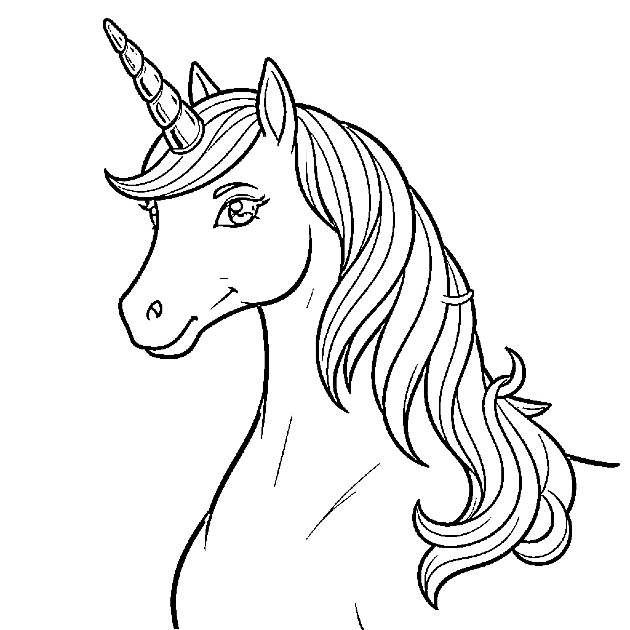Unicorn with elegant mane and horn Coloring Page (free black-and-white line drawing printable PDF for all, from beginners to advanced learners, including children, teens, adults, and seniors)
