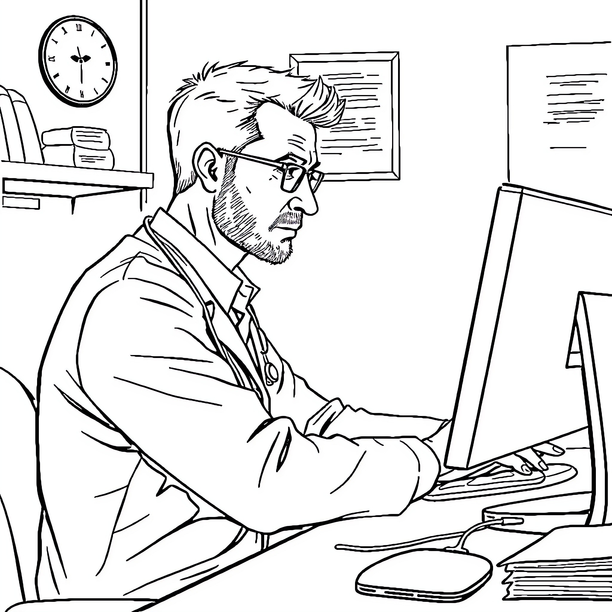 Doctor Diligently Working at Computer in Office Coloring Page (free black-and-white line drawing printable PDF for all, from beginners to advanced learners, including children, teens, adults, and seniors)