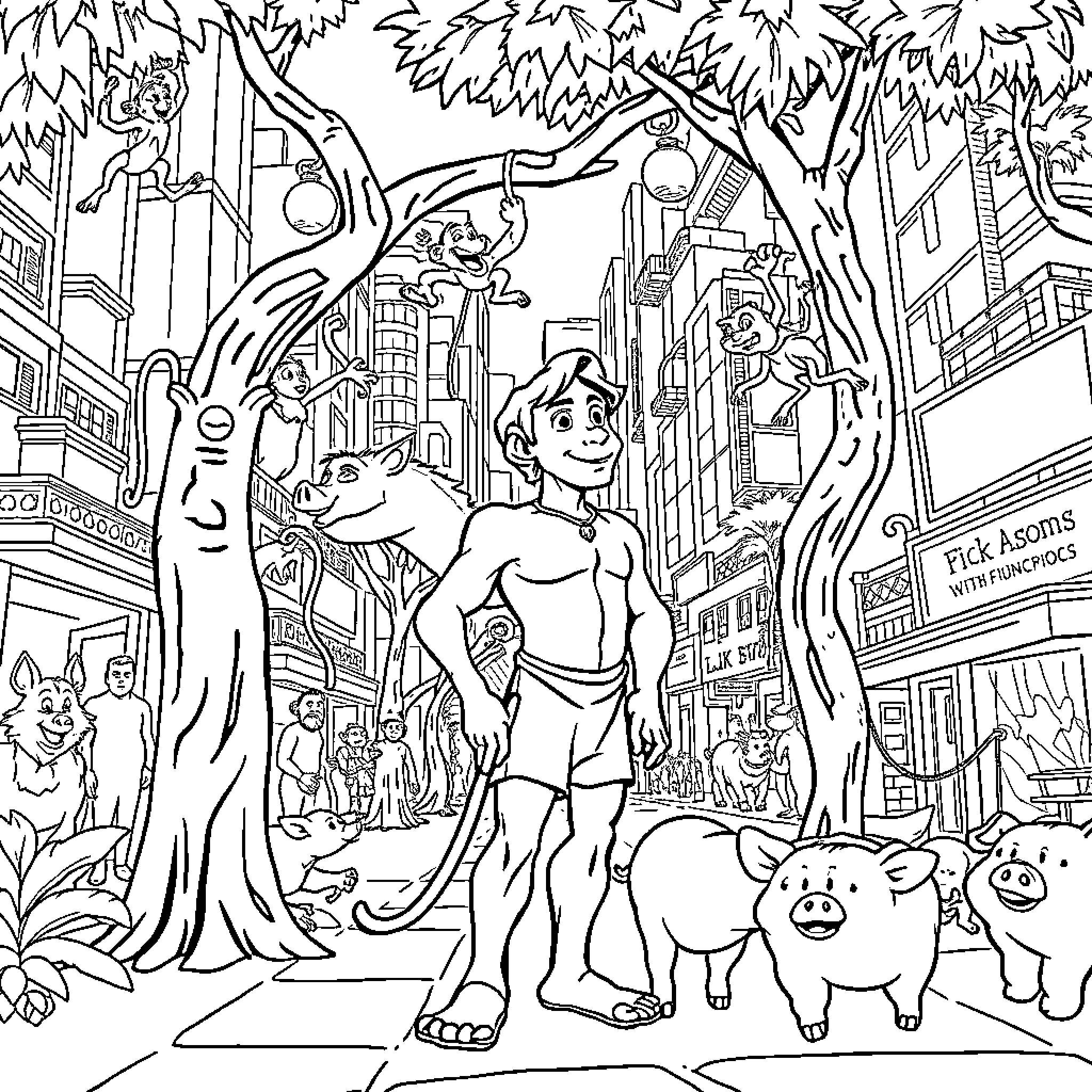 Tarzan's Jungle Adventures in the City Coloring Page (free black-and-white line drawing printable PDF for all, from beginners to advanced learners, including children, teens, adults, and seniors)