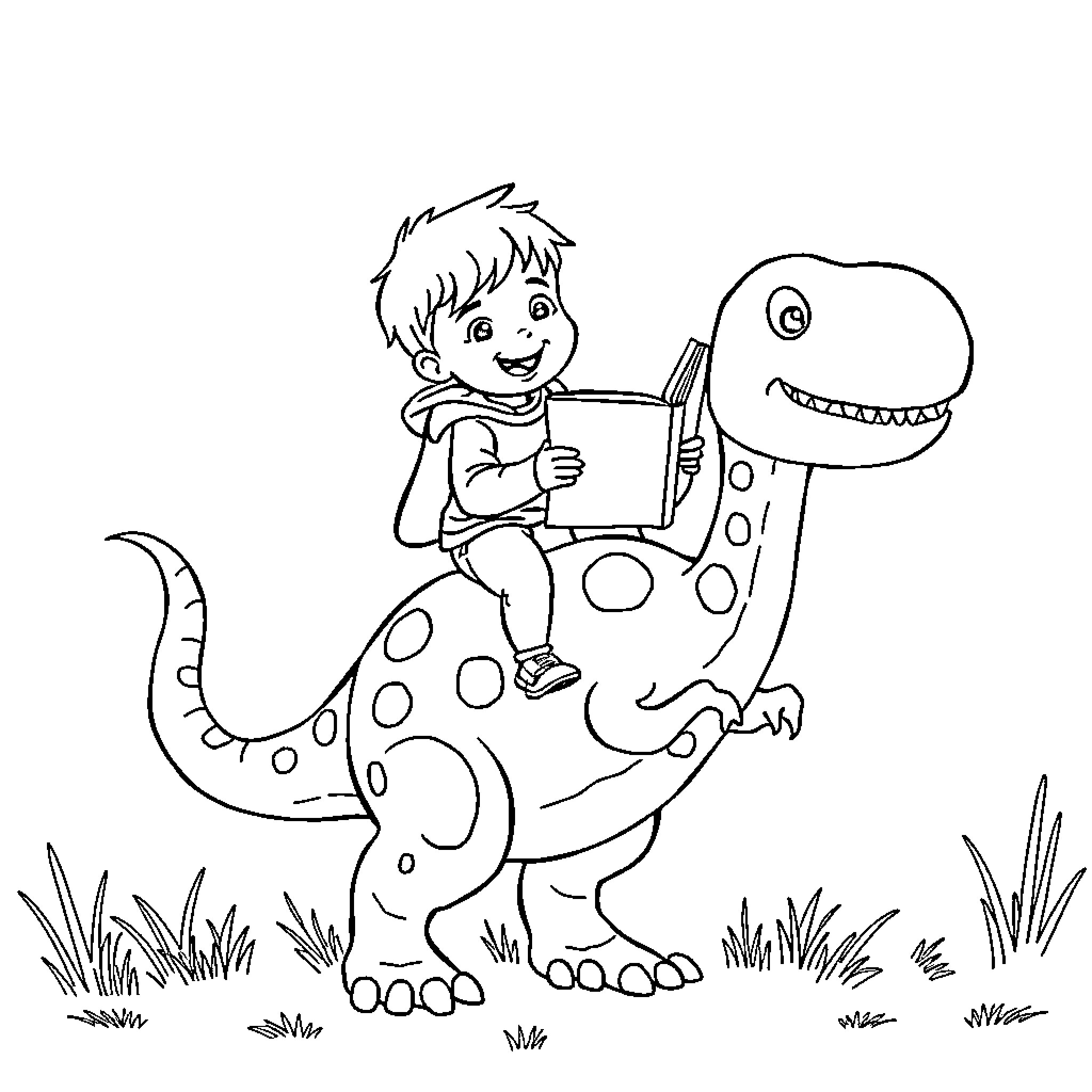 Dinosaur and Boy Reading Together in Nature Coloring Page (free black-and-white line drawing printable PDF for all, from beginners to advanced learners, including children, teens, adults, and seniors)