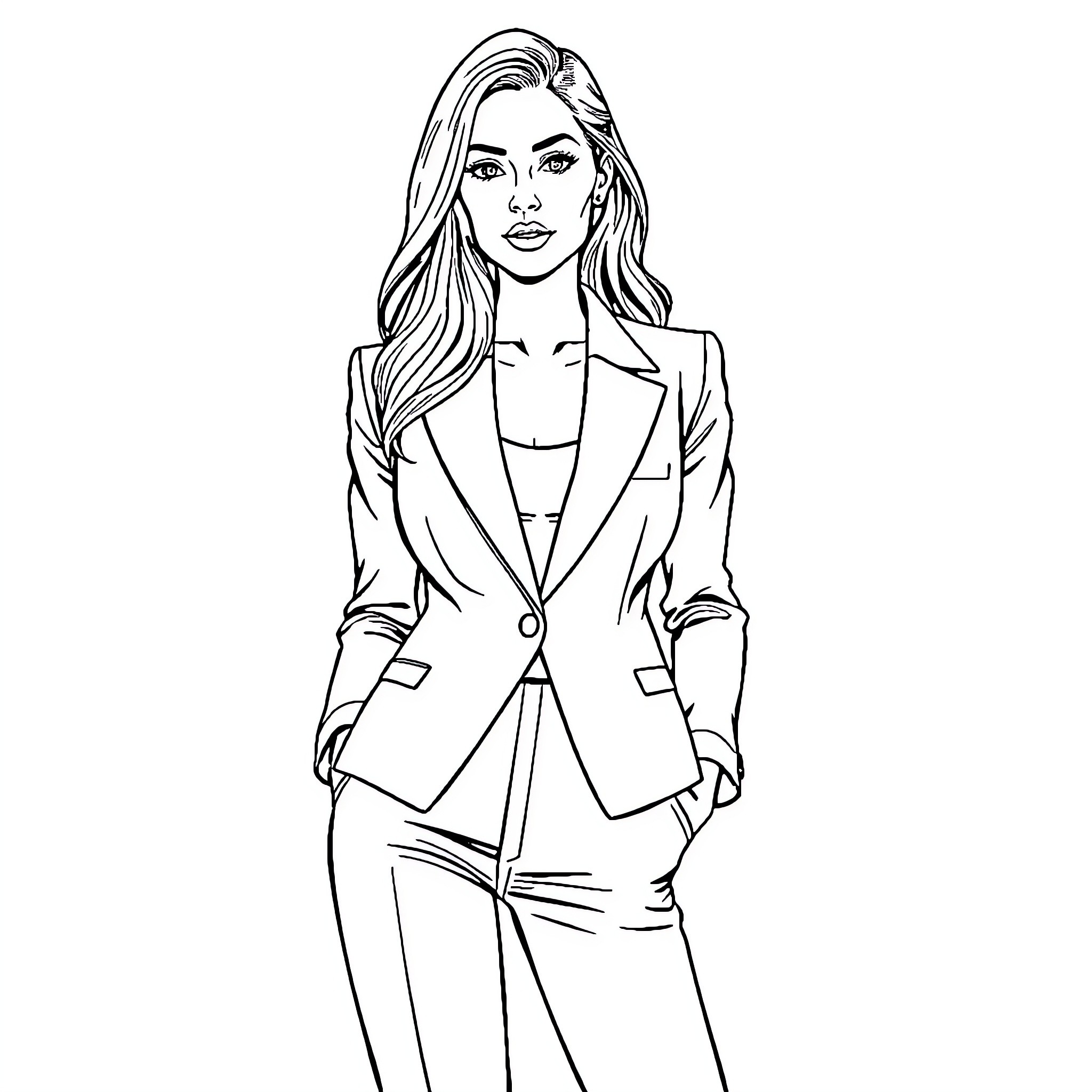 Blazer-clad woman in formal attire Coloring Page (free black-and-white line drawing printable PDF for all, from beginners to advanced learners, including children, teens, adults, and seniors)