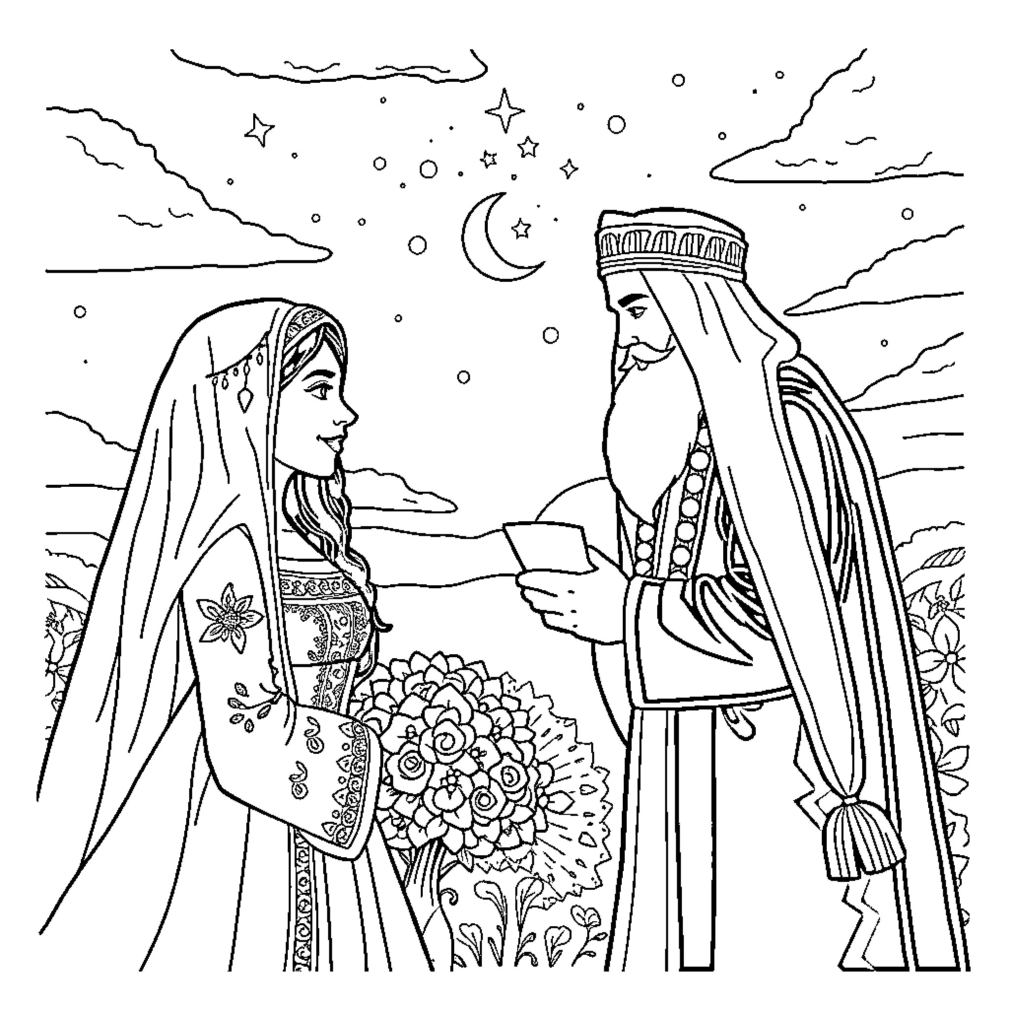 Rumi: Two Figures in Traditional Attire under Starry Night Coloring Page (free black-and-white line drawing printable PDF for all, from beginners to advanced learners, including children, teens, adults, and seniors)