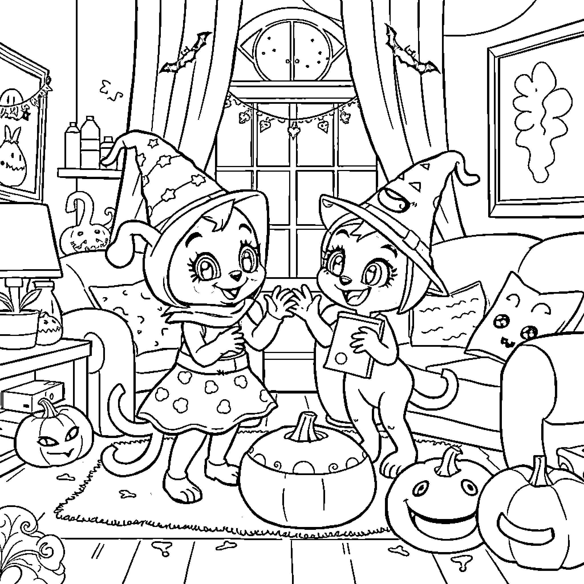 Bluey's Spooky Halloween Adventure Coloring Page (free black-and-white line drawing printable PDF for all, from beginners to advanced learners, including children, teens, adults, and seniors)