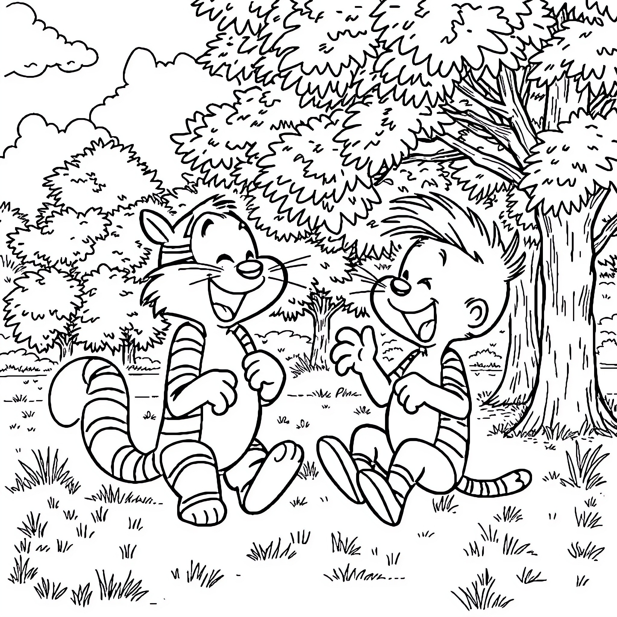 Calvin and Hobbes enjoying the outdoors Coloring Page (free black-and-white line drawing printable PDF for all, from beginners to advanced learners, including children, teens, adults, and seniors)
