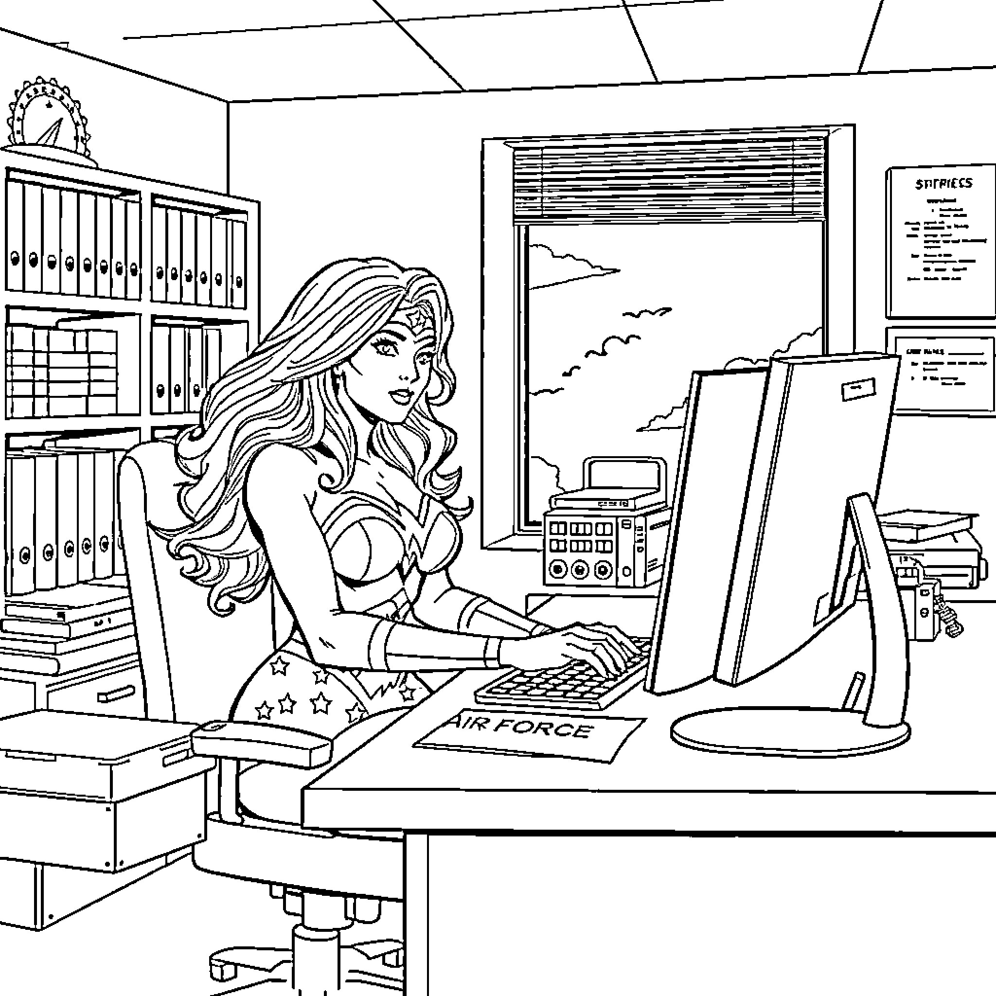 Wonder Woman working diligently at her desk Coloring Page (free black-and-white line drawing printable PDF for all, from beginners to advanced learners, including children, teens, adults, and seniors)