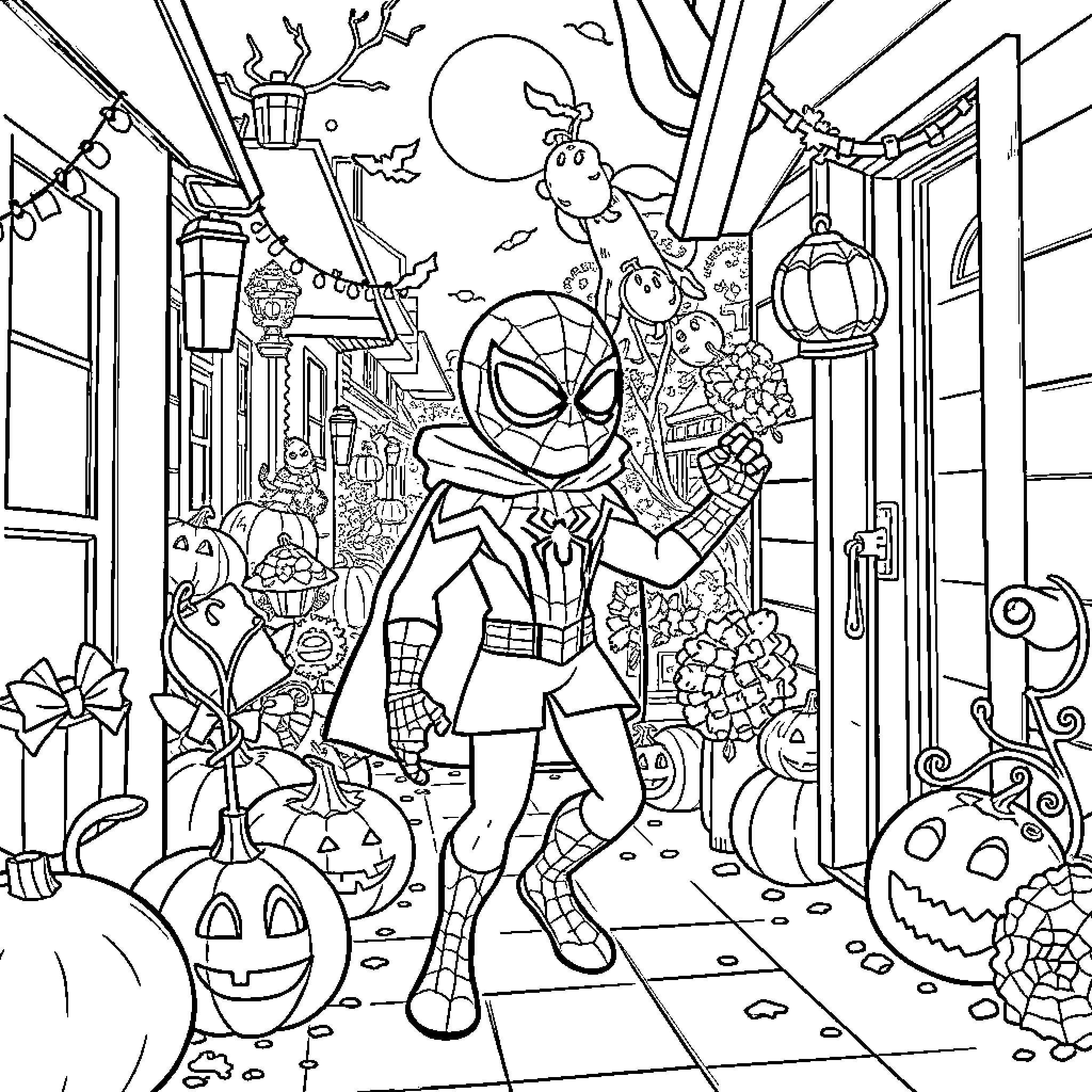 Spider-Man's Halloween Adventure in the Spooky City Coloring Page (free black-and-white line drawing printable PDF for all, from beginners to advanced learners, including children, teens, adults, and seniors)
