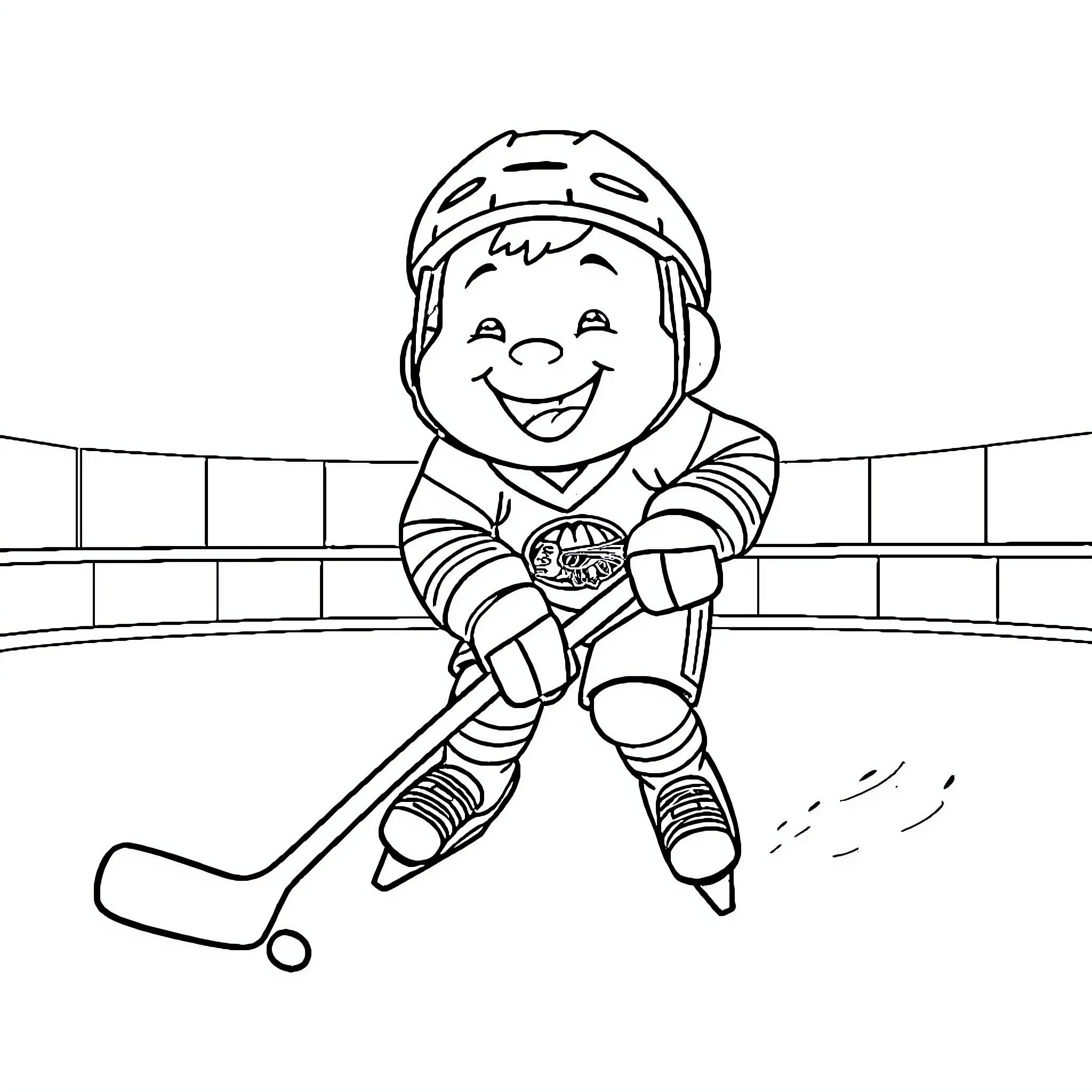 Labubu playing hockey on the rink Coloring Page (free black-and-white line drawing printable PDF for all, from beginners to advanced learners, including children, teens, adults, and seniors)