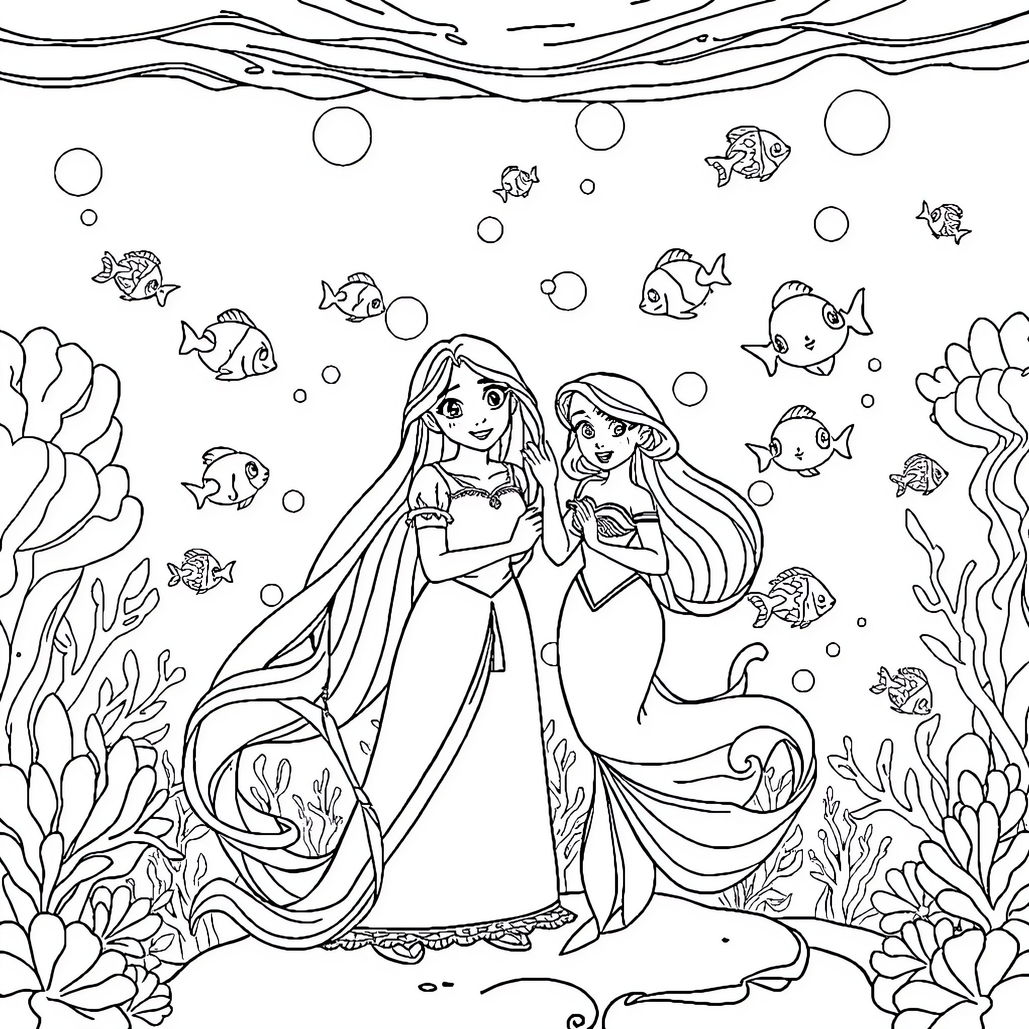 Tangled mermaids explore the underwater world Coloring Page (free black-and-white line drawing printable PDF for all, from beginners to advanced learners, including children, teens, adults, and seniors)