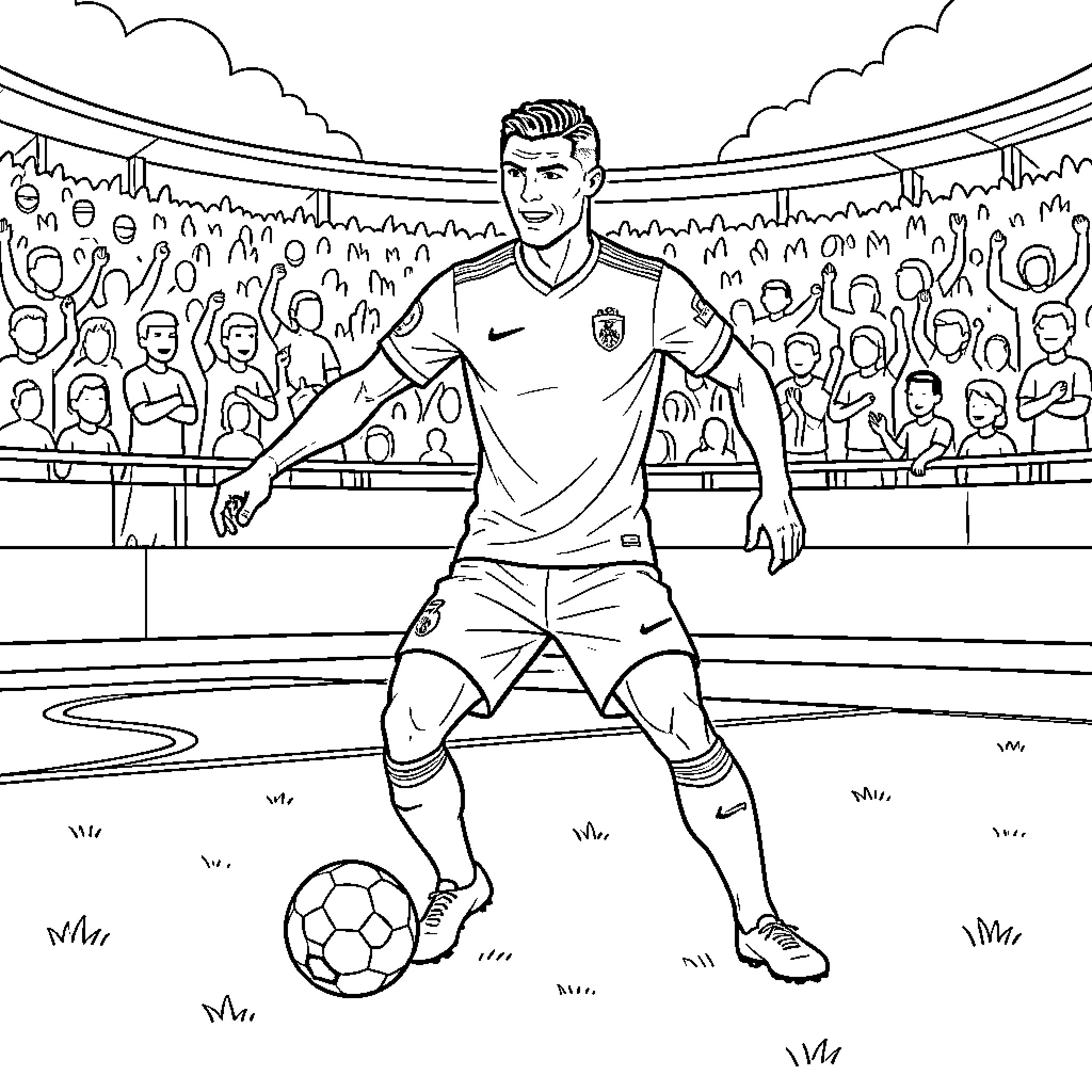Cristiano Ronaldo dribbling a soccer ball in a stadium Coloring Page (free black-and-white line drawing printable PDF for all, from beginners to advanced learners, including children, teens, adults, and seniors)