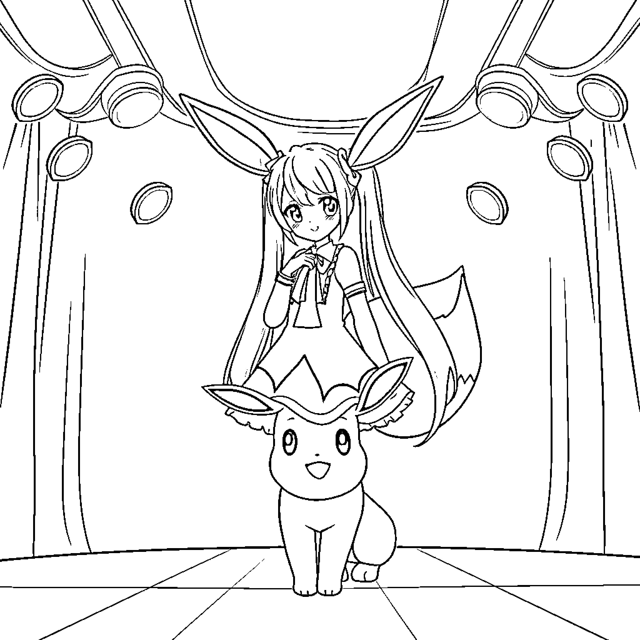 Hatsune Miku joyfully interacting with a cute creature Coloring Page (free black-and-white line drawing printable PDF for all, from beginners to advanced learners, including children, teens, adults, and seniors)