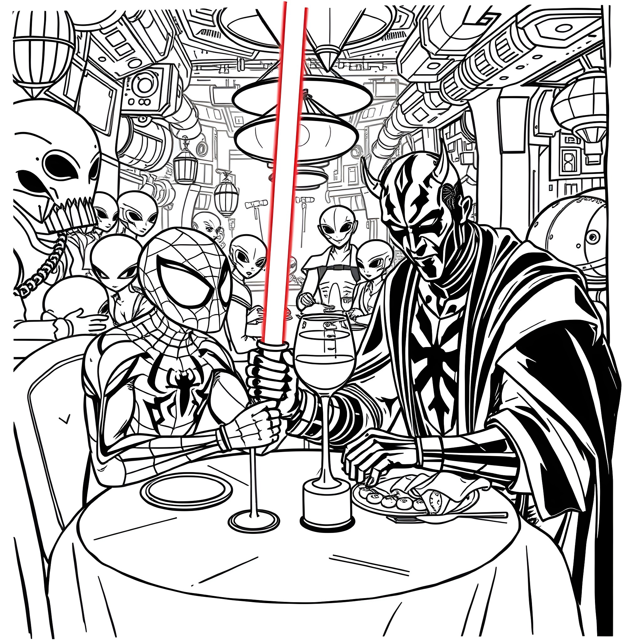Darth Maul's Sinister Encounter with Spiderman Coloring Page (free black-and-white line drawing printable PDF for all, from beginners to advanced learners, including children, teens, adults, and seniors)