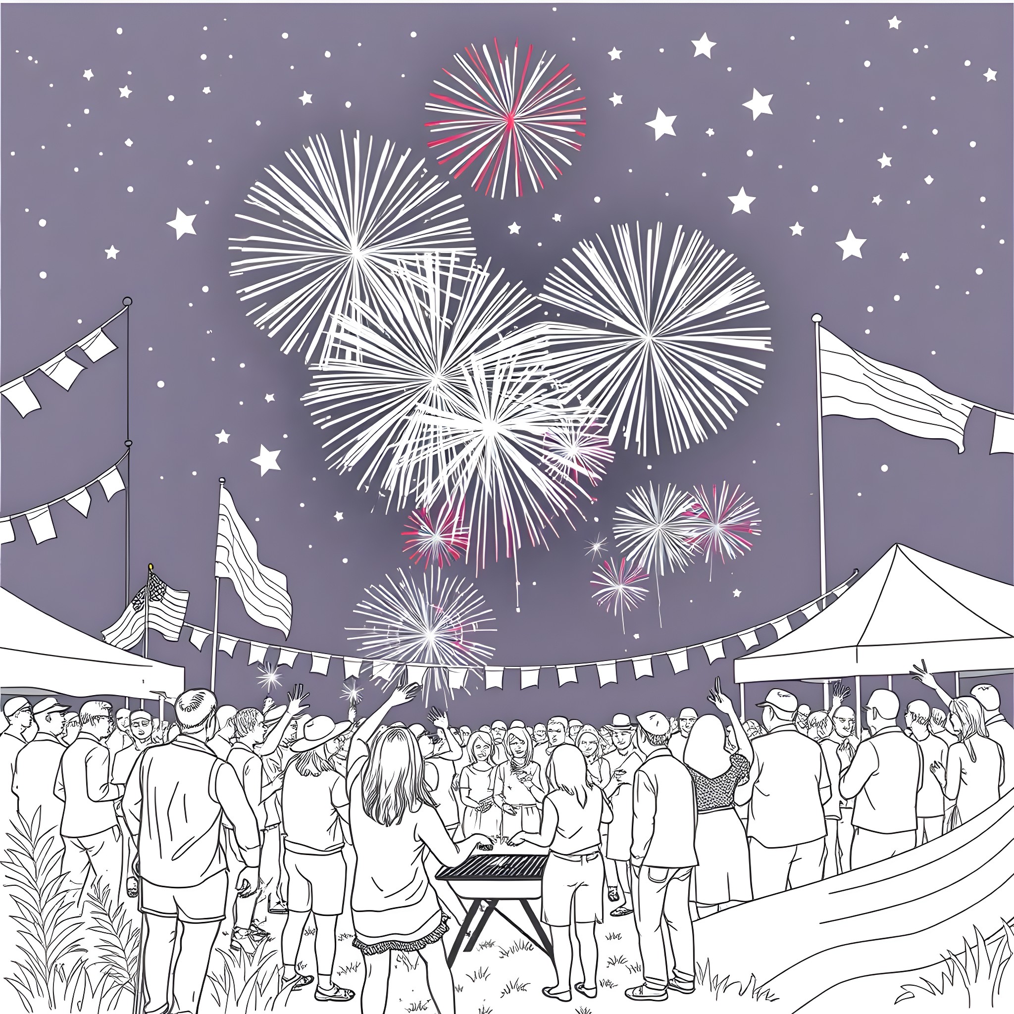 4th Of July Fireworks and Festivities Coloring Page (free black-and-white line drawing printable PDF for all, from beginners to advanced learners, including children, teens, adults, and seniors)
