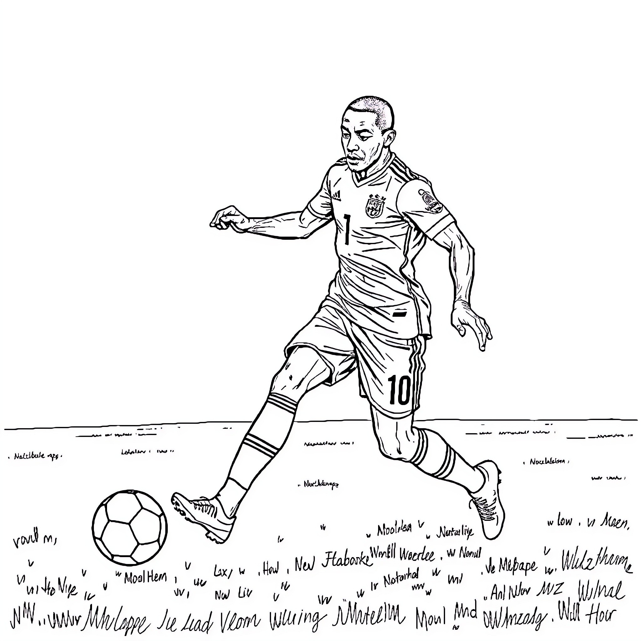 Mbappe Dribbling Skillfully on the Soccer Field Coloring Page (free black-and-white line drawing printable PDF for all, from beginners to advanced learners, including children, teens, adults, and seniors)