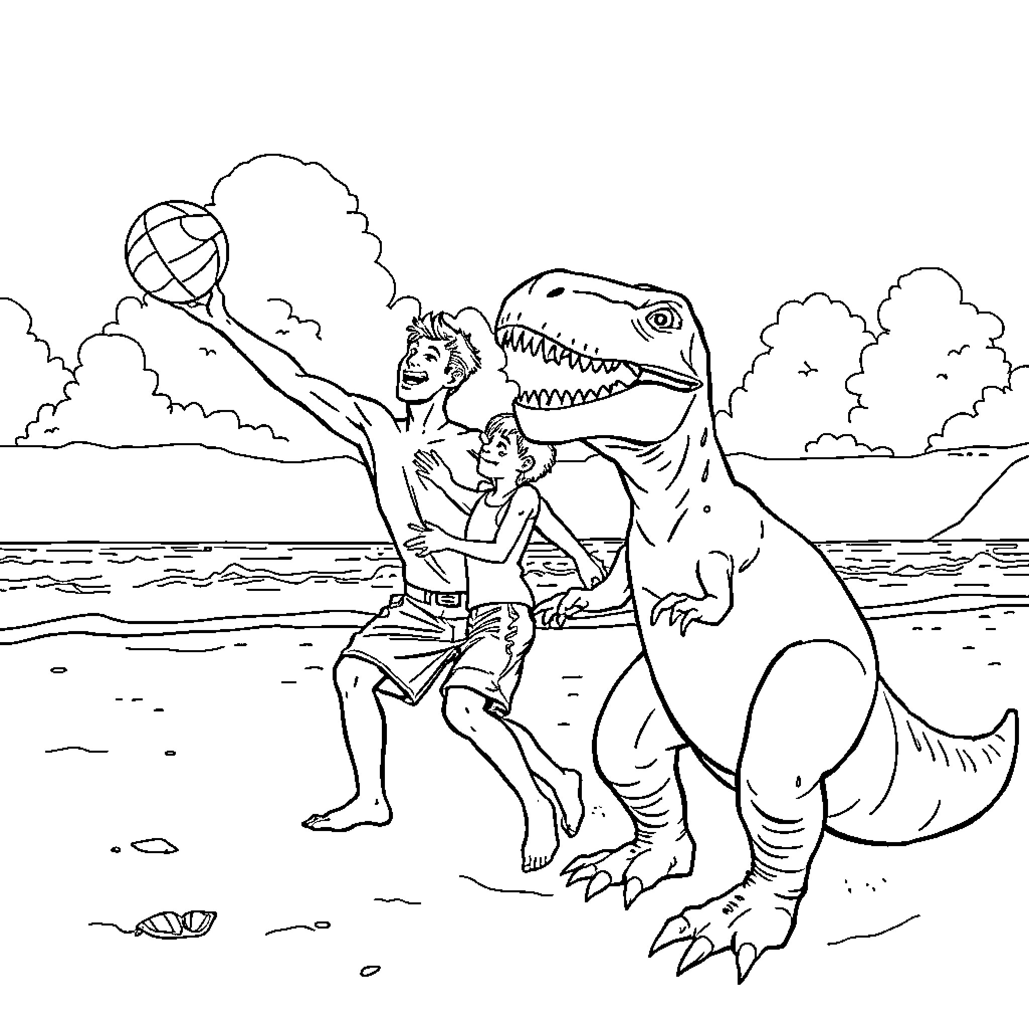Man playing volleyball with a dinosaur on the beach Coloring Page (free black-and-white line drawing printable PDF for all, from beginners to advanced learners, including children, teens, adults, and seniors)