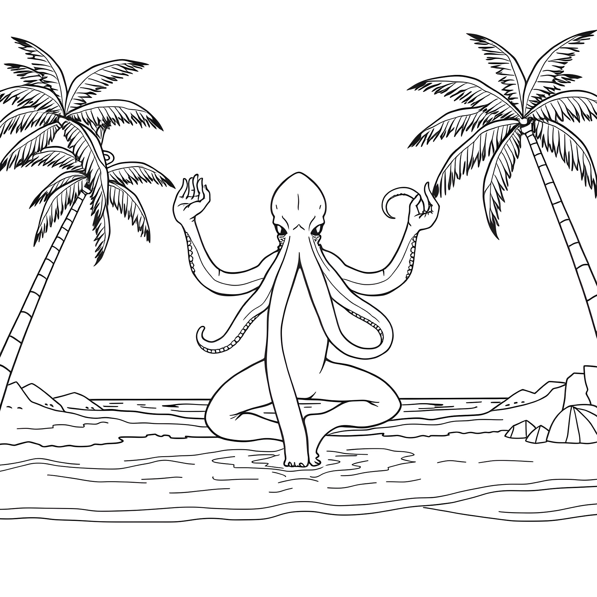 Cthulu meditating on the beach under palm trees Coloring Page (free black-and-white line drawing printable PDF for all, from beginners to advanced learners, including children, teens, adults, and seniors)