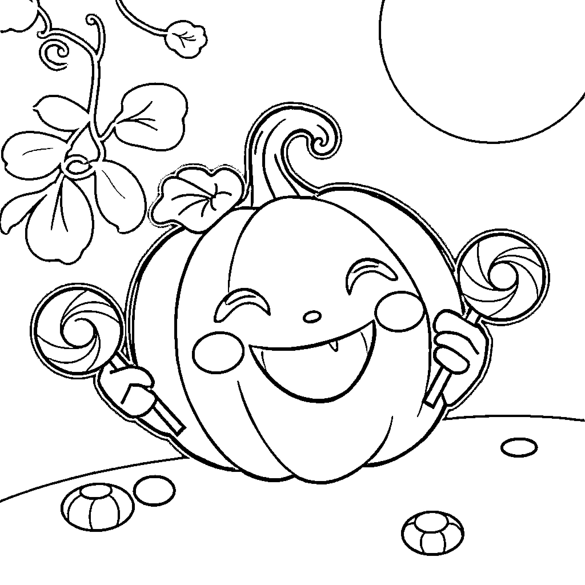 Pumpkin smiling with playful floral accents Coloring Page (free black-and-white line drawing printable PDF for all, from beginners to advanced learners, including children, teens, adults, and seniors)