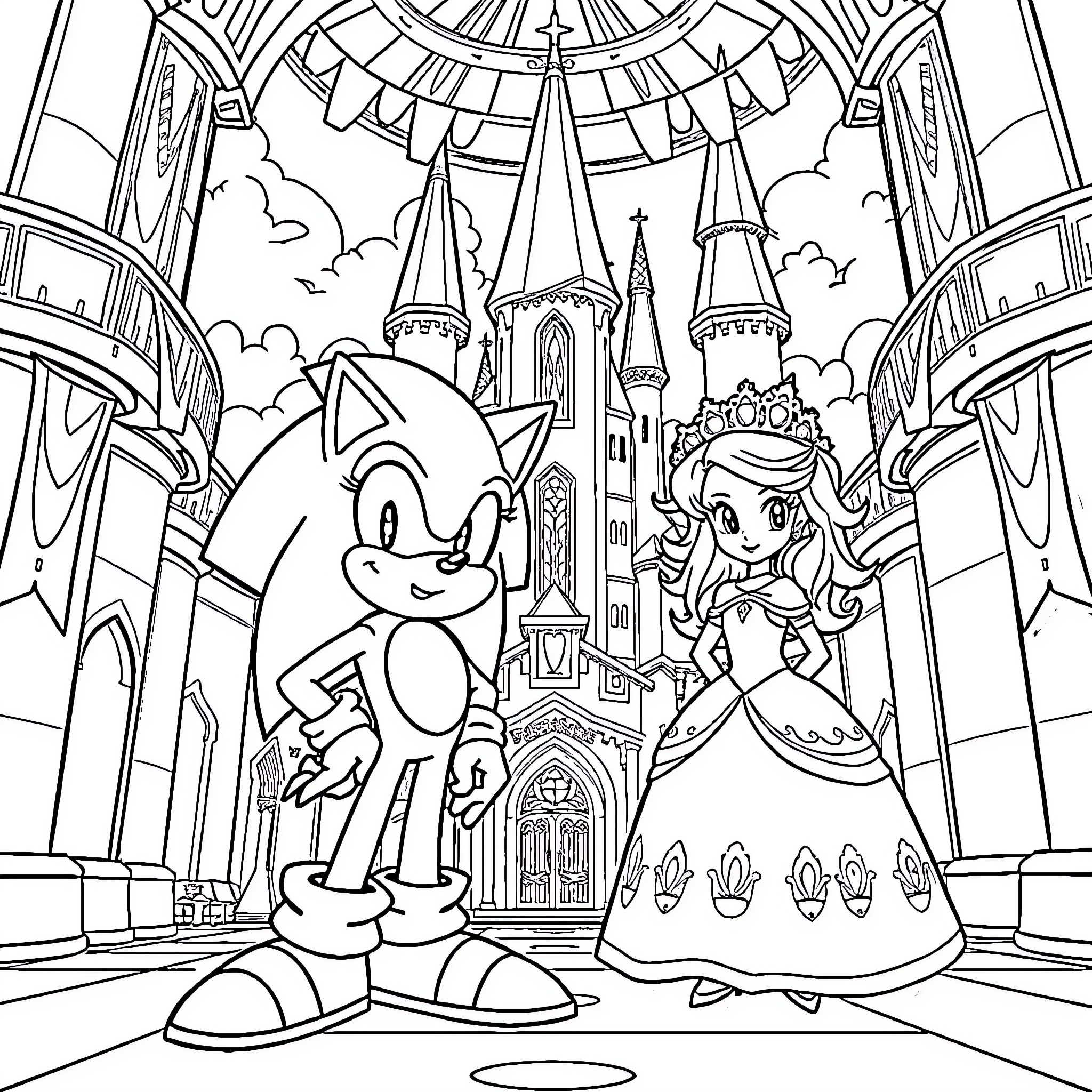 Sonic and Princess Exploring Enchanted Castle Coloring Page (free black-and-white line drawing printable PDF for all, from beginners to advanced learners, including children, teens, adults, and seniors)