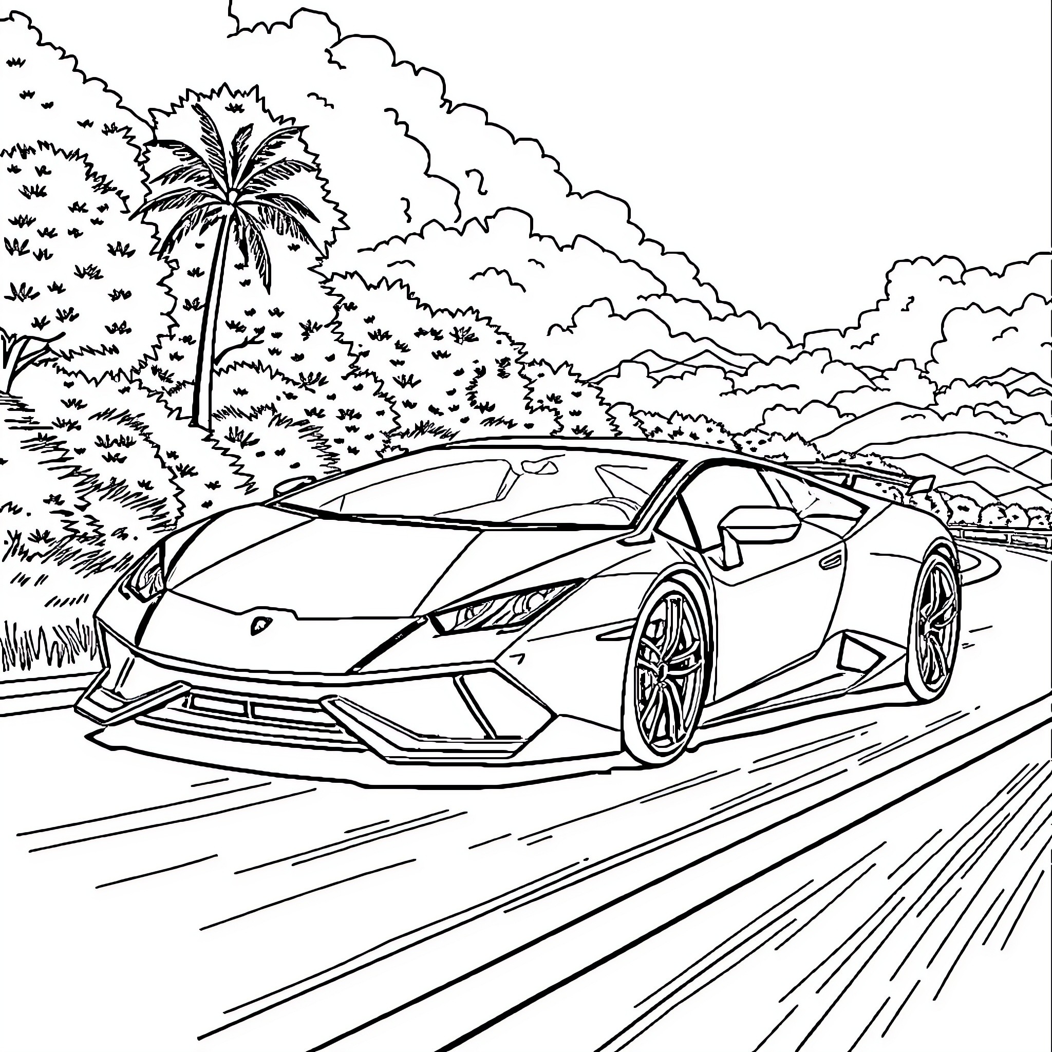 Lamborghini speeding through tropical landscape Coloring Page (free black-and-white line drawing printable PDF for all, from beginners to advanced learners, including children, teens, adults, and seniors)