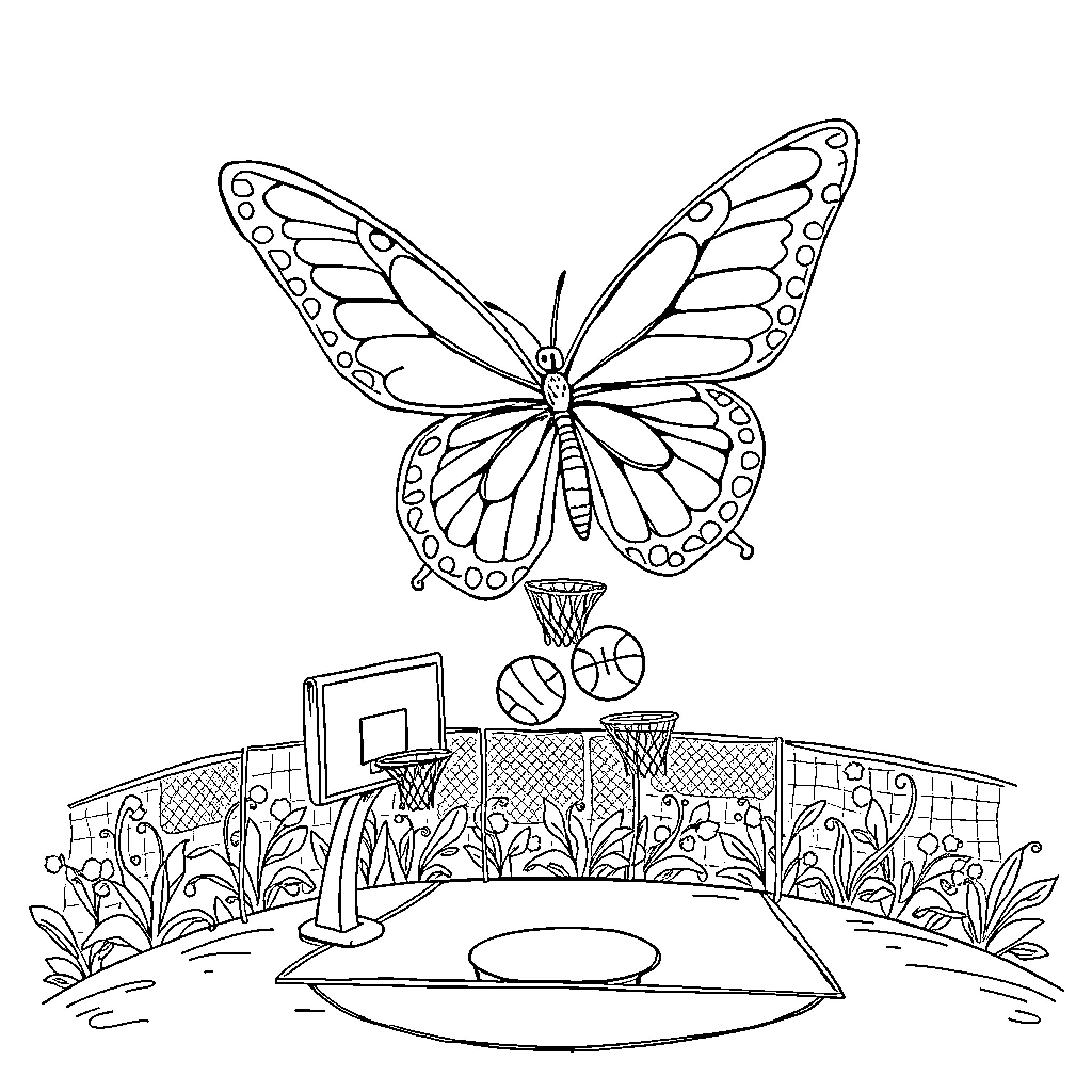 Butterfly flying over a basketball court Coloring Page (free black-and-white line drawing printable PDF for all, from beginners to advanced learners, including children, teens, adults, and seniors)