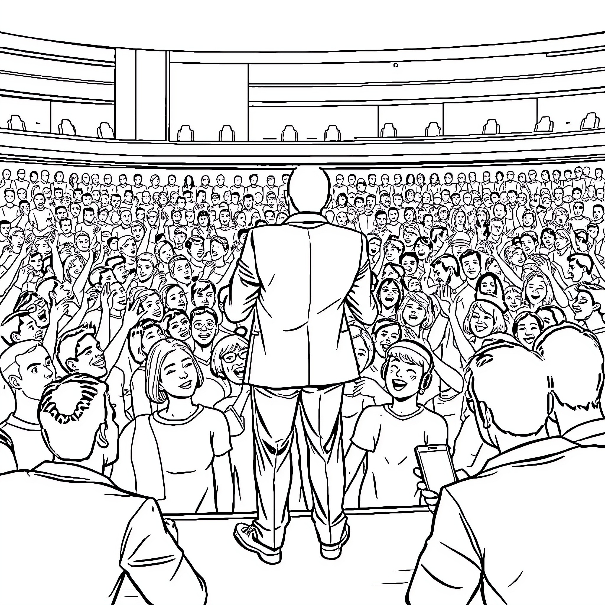 Master of Ceremonies Addressing a Packed Auditorium Coloring Page (free black-and-white line drawing printable PDF for all, from beginners to advanced learners, including children, teens, adults, and seniors)