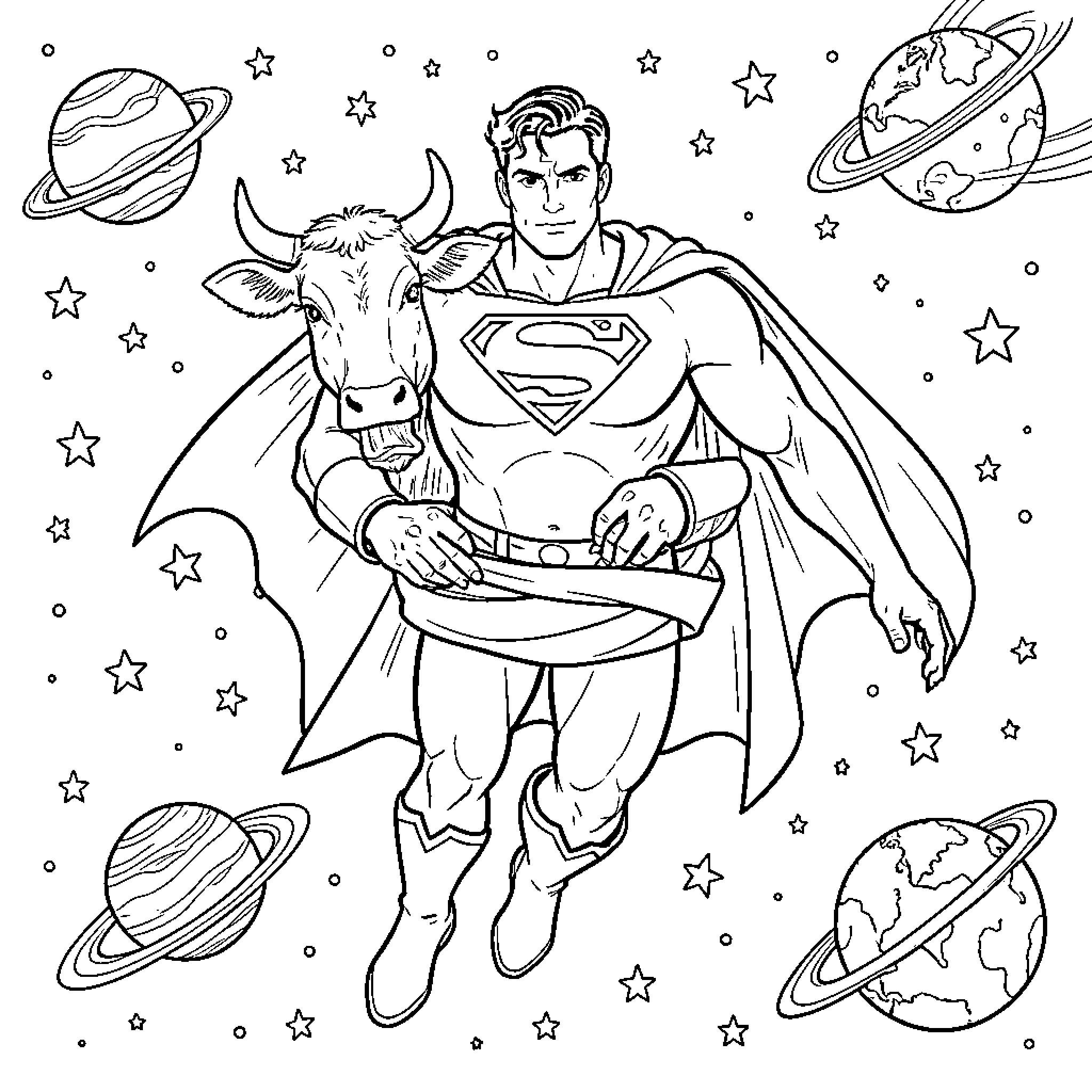 Cow and superhero flying through outer space Coloring Page (free black-and-white line drawing printable PDF for all, from beginners to advanced learners, including children, teens, adults, and seniors)