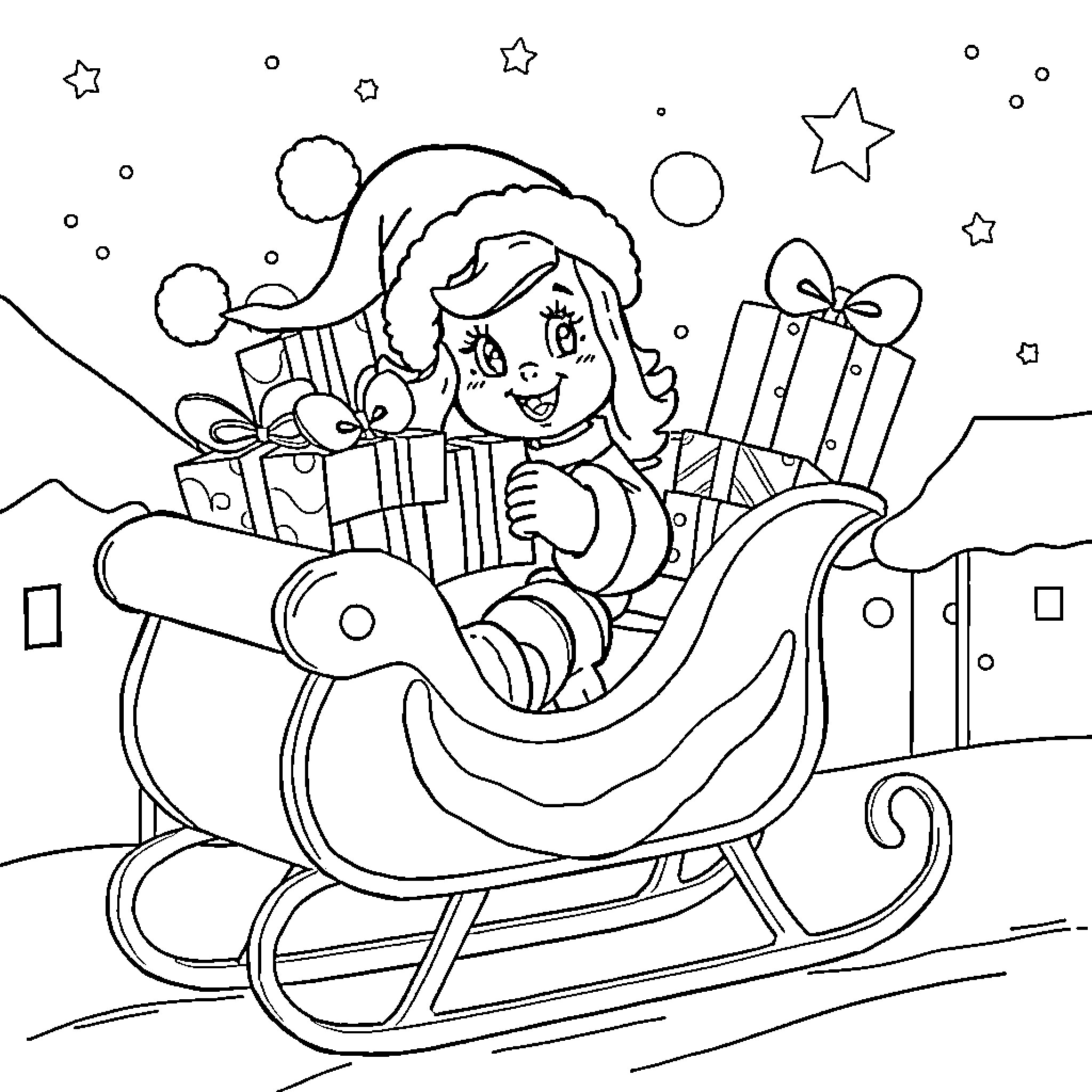 Ditto Santa Claus on a Sleigh with Gifts Coloring Page (free black-and-white line drawing printable PDF for all, from beginners to advanced learners, including children, teens, adults, and seniors)