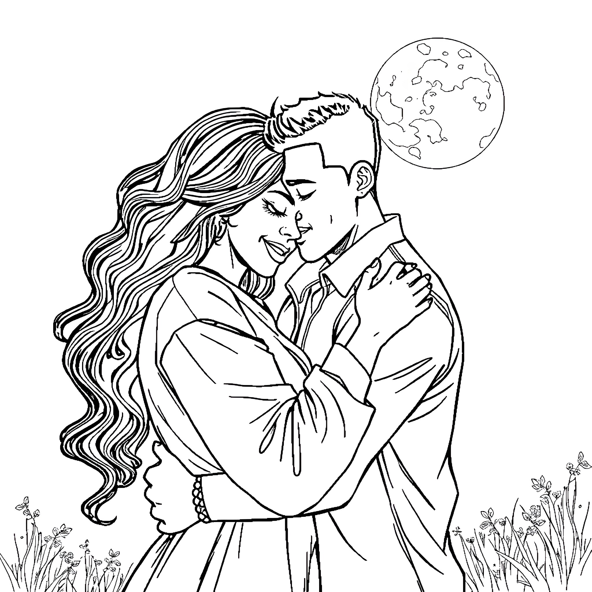 Couple embracing under the moonlit sky Coloring Page (free black-and-white line drawing printable PDF for all, from beginners to advanced learners, including children, teens, adults, and seniors)