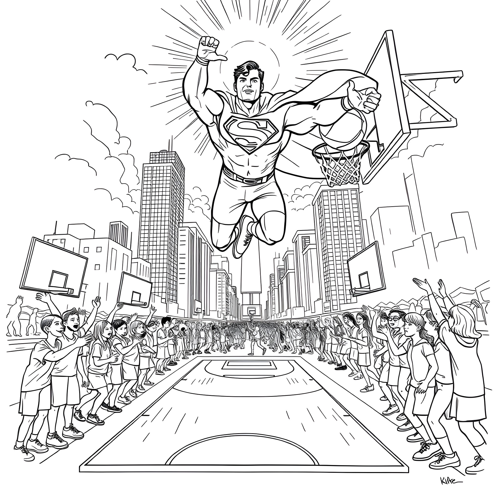 Superman Soaring Above the Cheering Crowd Coloring Page (free black-and-white line drawing printable PDF for all, from beginners to advanced learners, including children, teens, adults, and seniors)