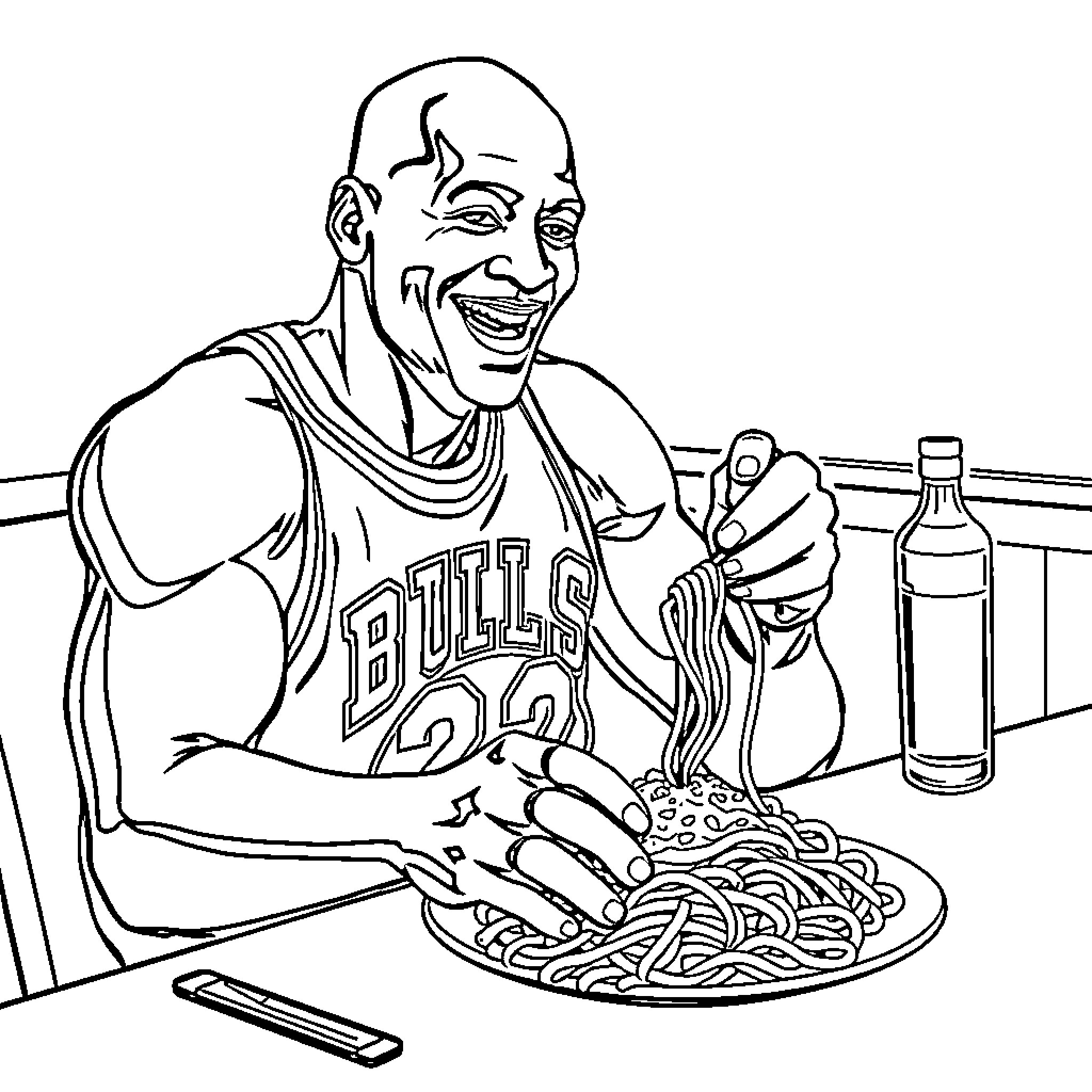 Michael Jordan Enjoys a Casual Meal Coloring Page (free black-and-white line drawing printable PDF for all, from beginners to advanced learners, including children, teens, adults, and seniors)